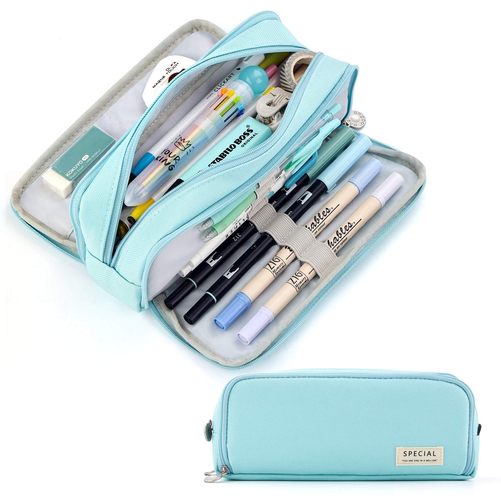 CICIMELON Large Capacity Pencil Case with 3 Compartments - Light Blue School Supplies Organizer for Students, Girls, Women & Adults | Perfect for School, Office, Travel & Art Storage