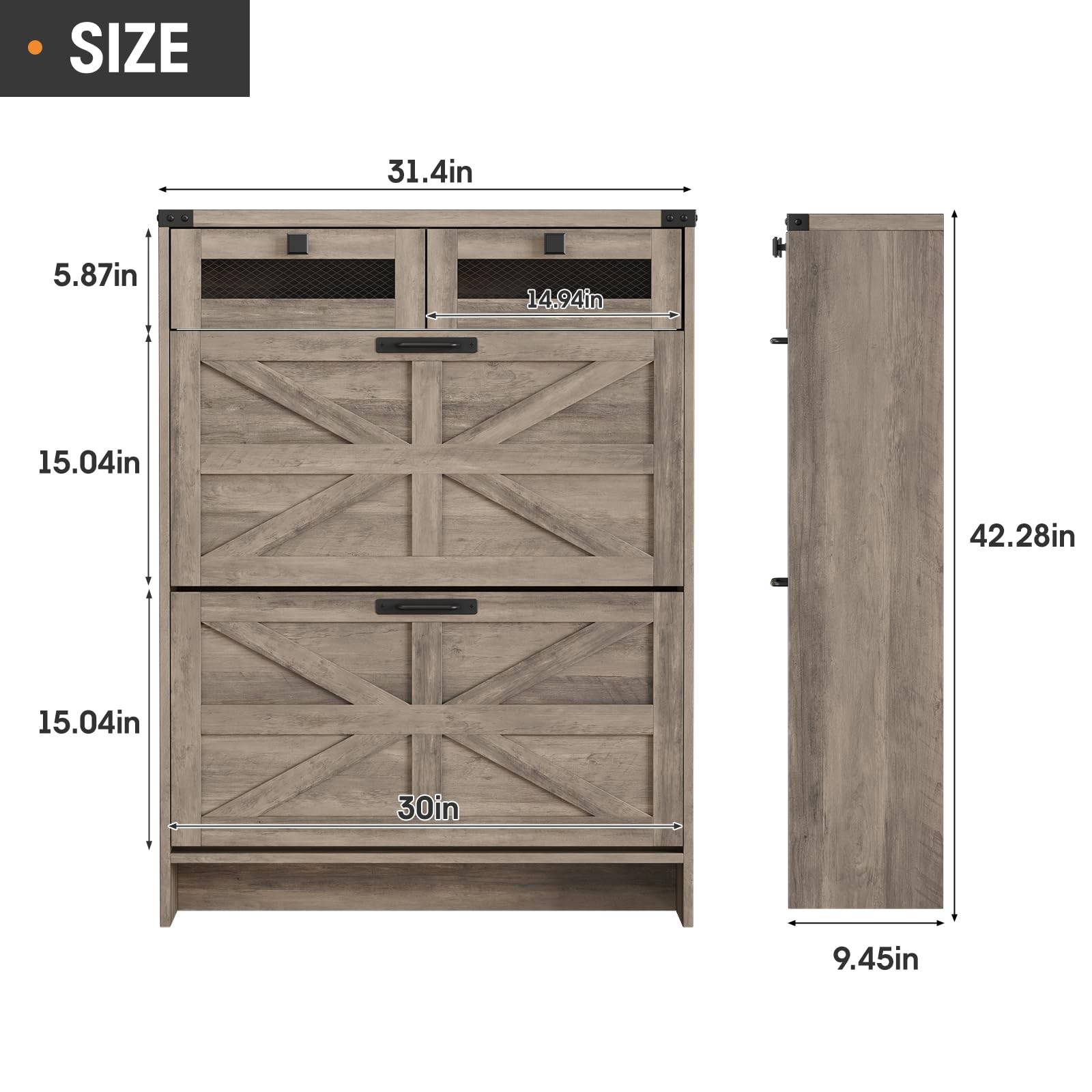 Farmhouse Shoe Storage Cabinet with 2 Flip Drawers & 2 Drawers - Narrow Freestanding Entryway Shoe Rack for Hallway, Living Room or Bedroom Organization - Grey Wooden Shoe Cabinet for Small Spaces