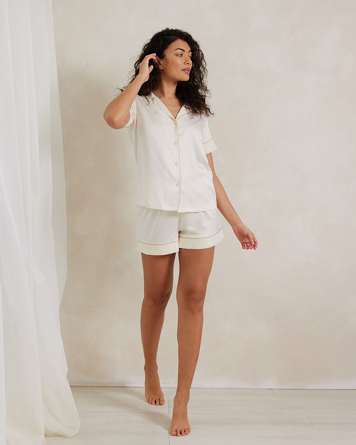 Luxury Satin Lace Trim Short Pajama Set for Women - Ivory - Soft Sleepwear for Comfortable Nights & Romantic Getaways