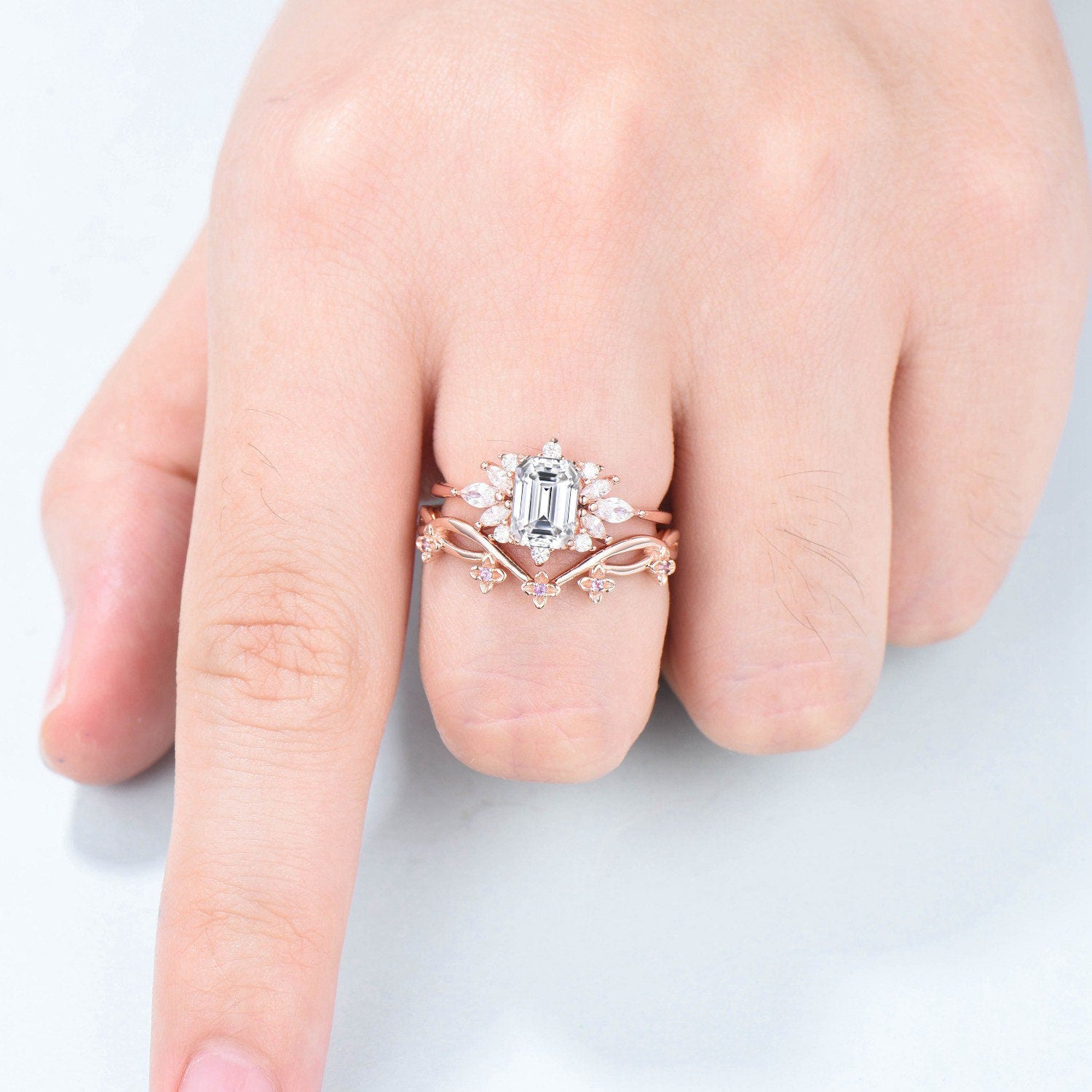 Exquisite Emerald Cut Moissanite Engagement Ring & Wedding Band Set with Halo - Unique Amethyst Branch Design for Women | Personalized Bridal Jewelry Gift for Anniversary, Proposal & Special Occasions