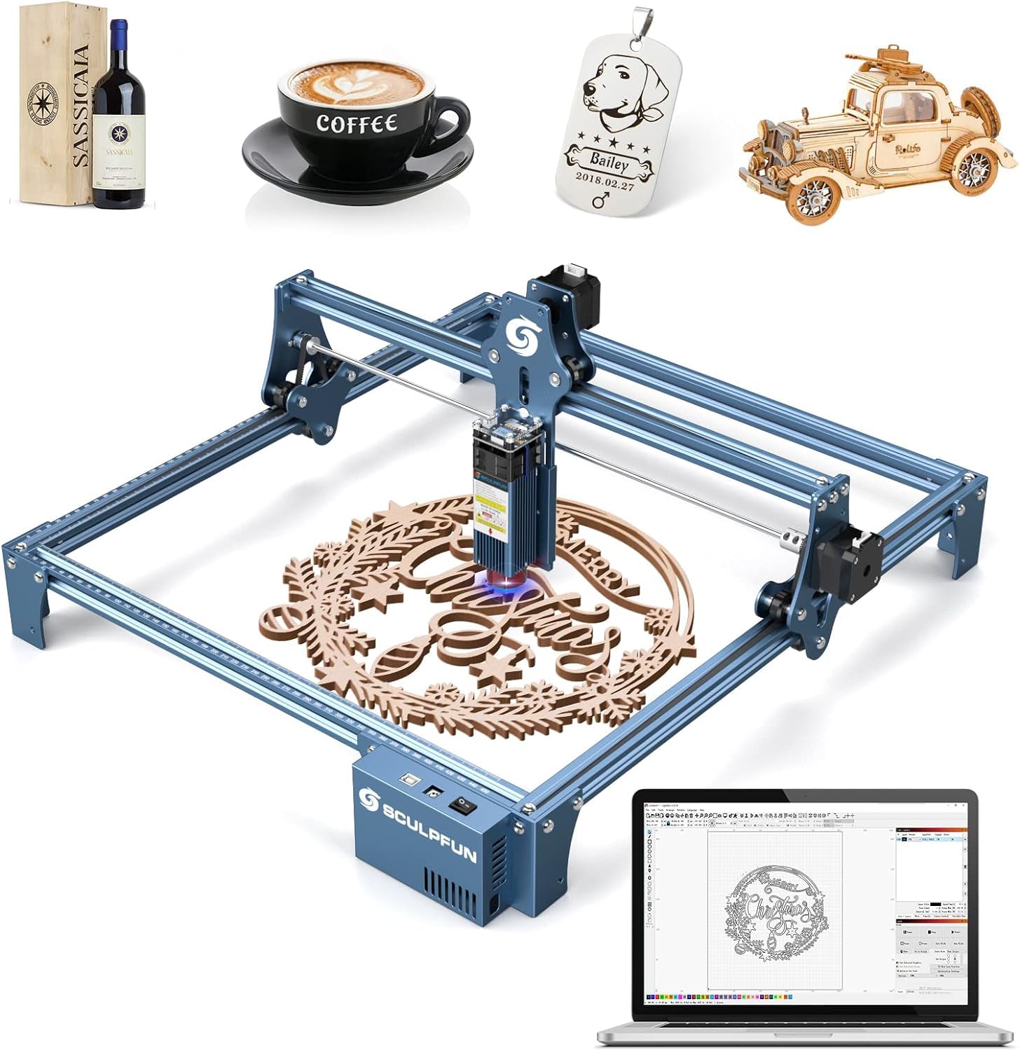 SCULPFUN S9 90W Laser Engraver with Eye Protection - Precision Laser Engraving & Cutting Machine for Wood, Metal, Jewelry - DIY Design, Model Making, Nameplates & Puzzles - Perfect for Home Workshops & Small Businesses