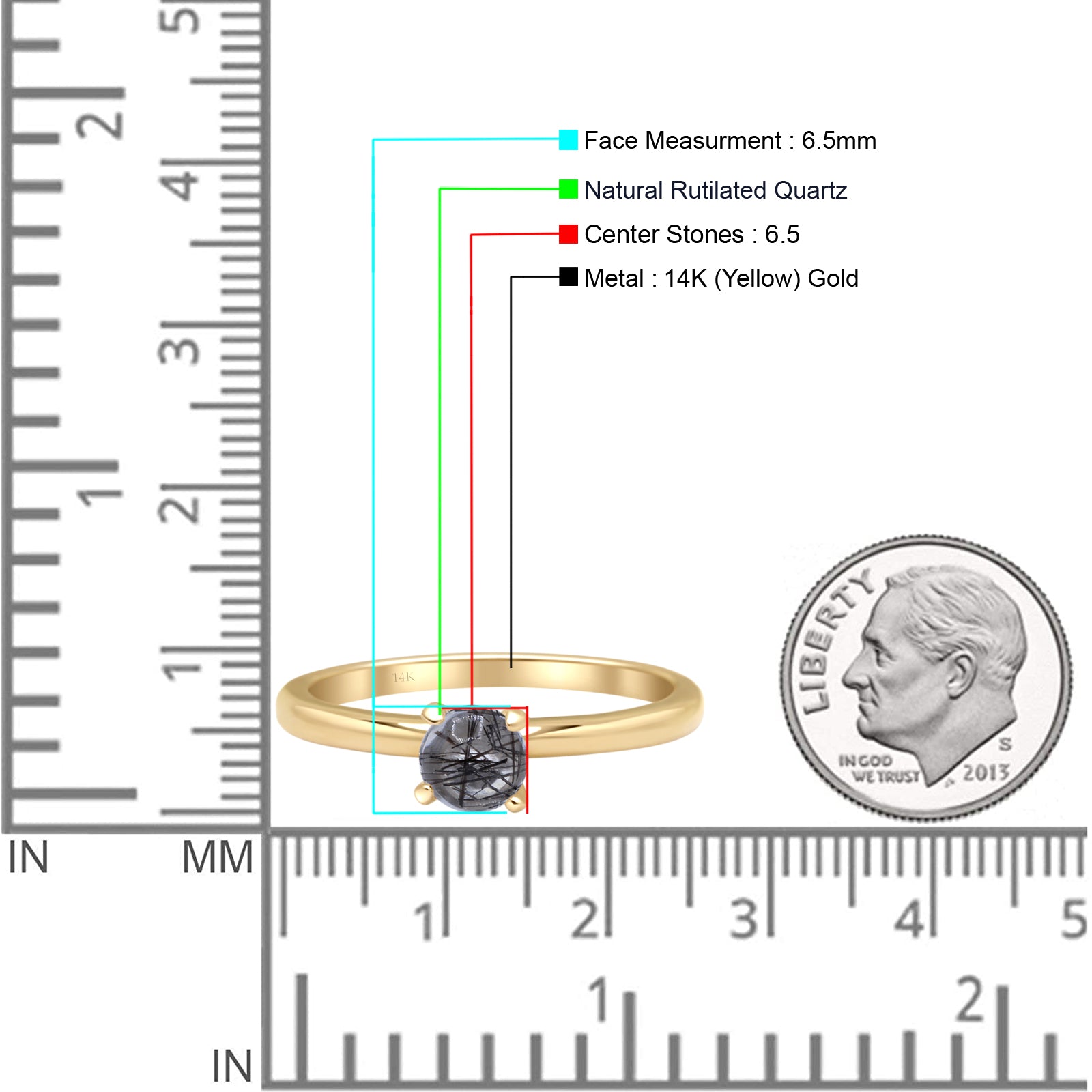 14K Yellow Gold Minimalist Round Solitaire Natural Rutilated Quartz Ring for Women - Elegant Everyday Jewelry, Perfect for Gifts, Anniversaries & Special Occasions