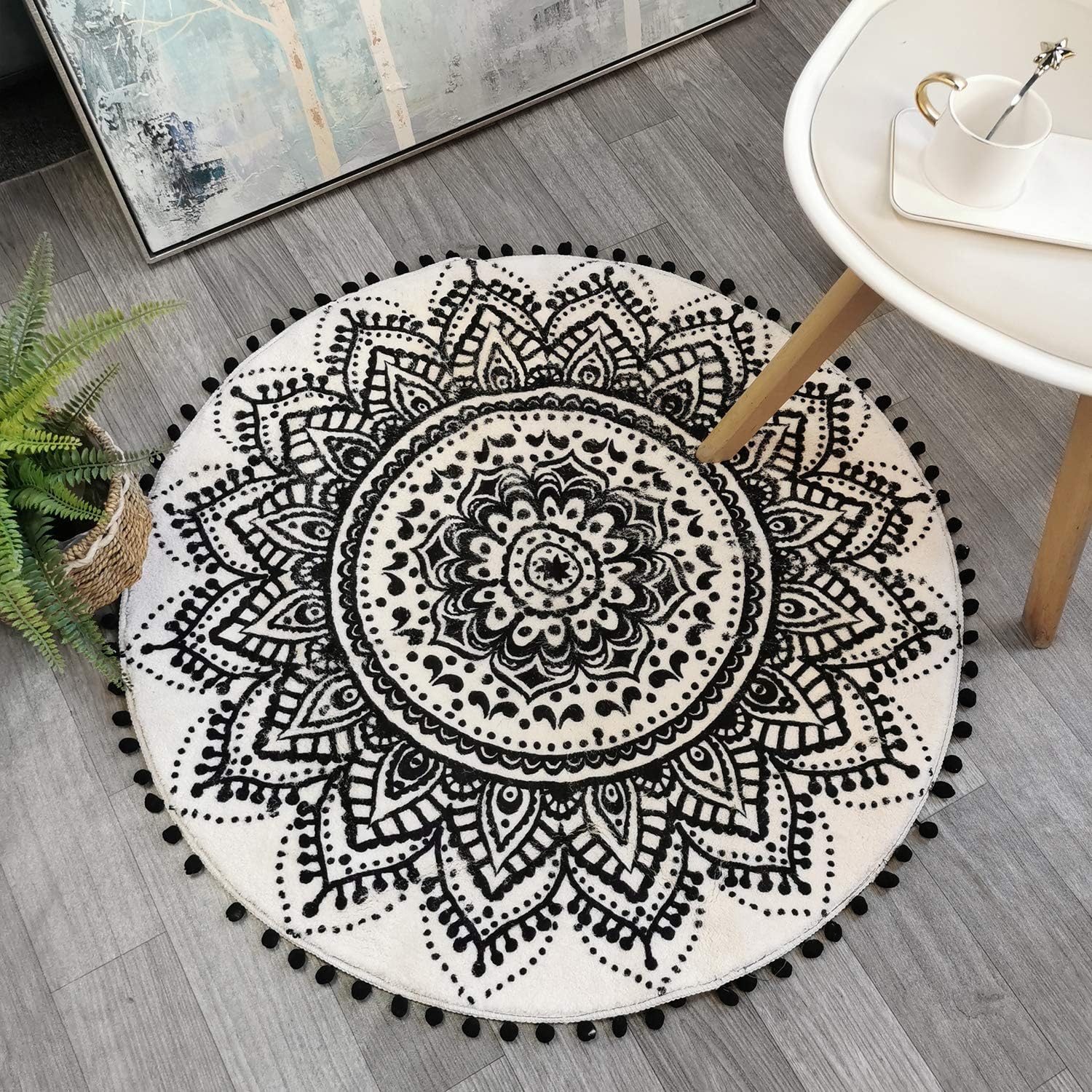 Uphome Boho Round Rug - 3' Circle Beige & Black Washable Non-Slip Floor Mat with Pom Pom Fringe | Perfect for Bedroom, Bathroom, Living Room, Nursery & Entryway | Soft Mandala Accent Rug for Home Decor & Kids Room