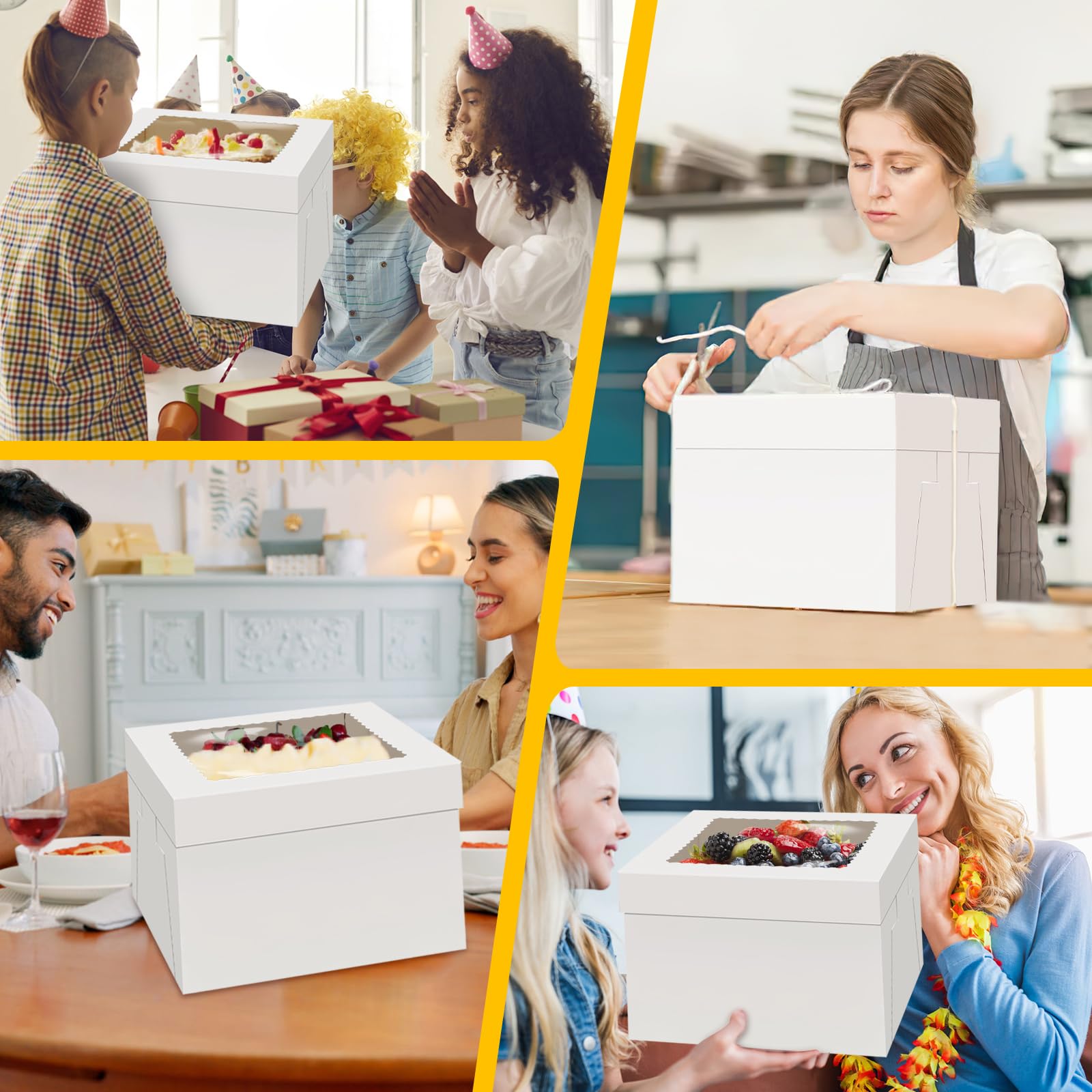 WINKIO 12x12x8 Inch White Cake Boxes 4-Pack with Window - Perfect for Cookies, Pies & Cupcakes