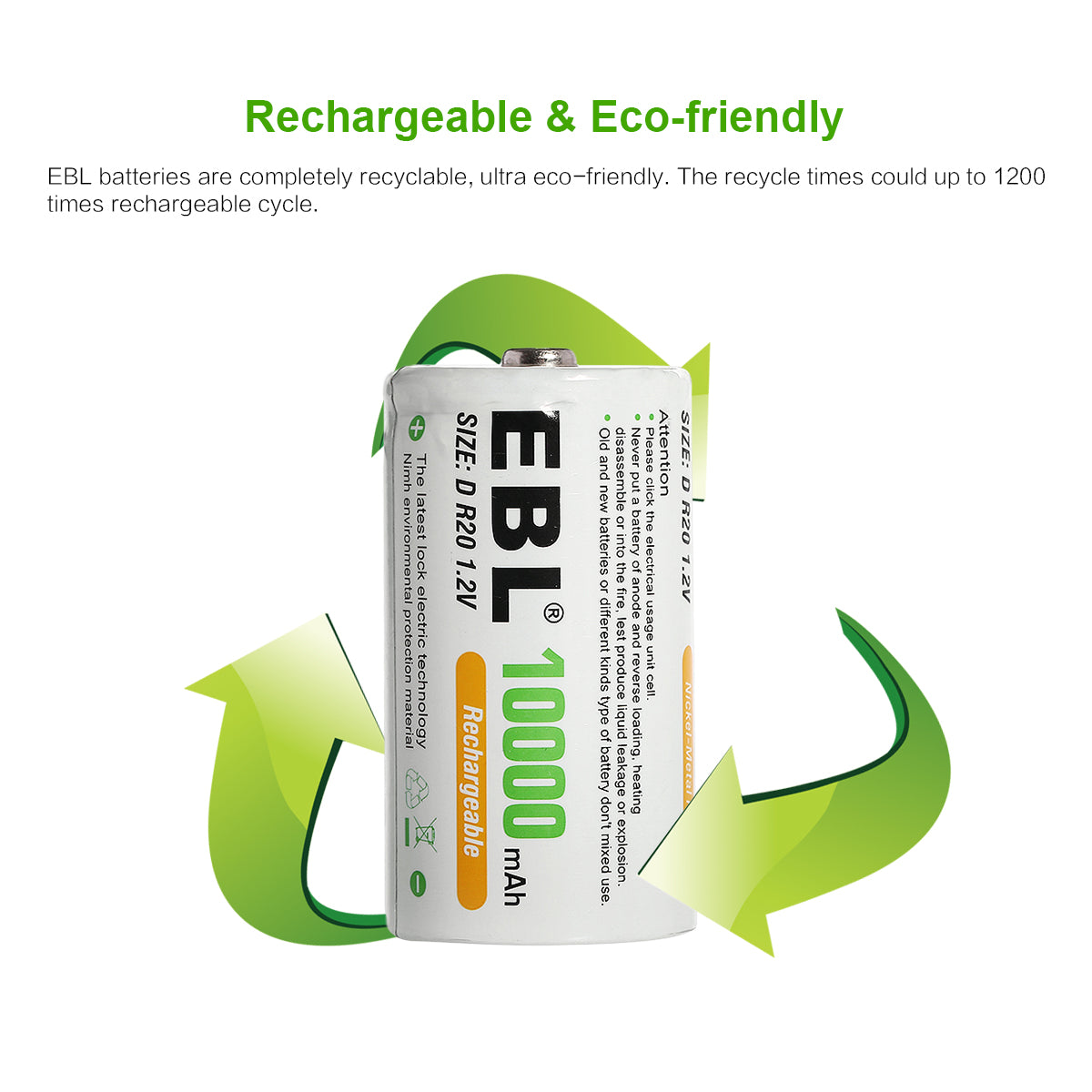 EBL Rechargeable D Batteries 10000mAh High Capacity - 4 Pack Long Lasting Power for Flashlights, Toys, Radios & Emergency Devices