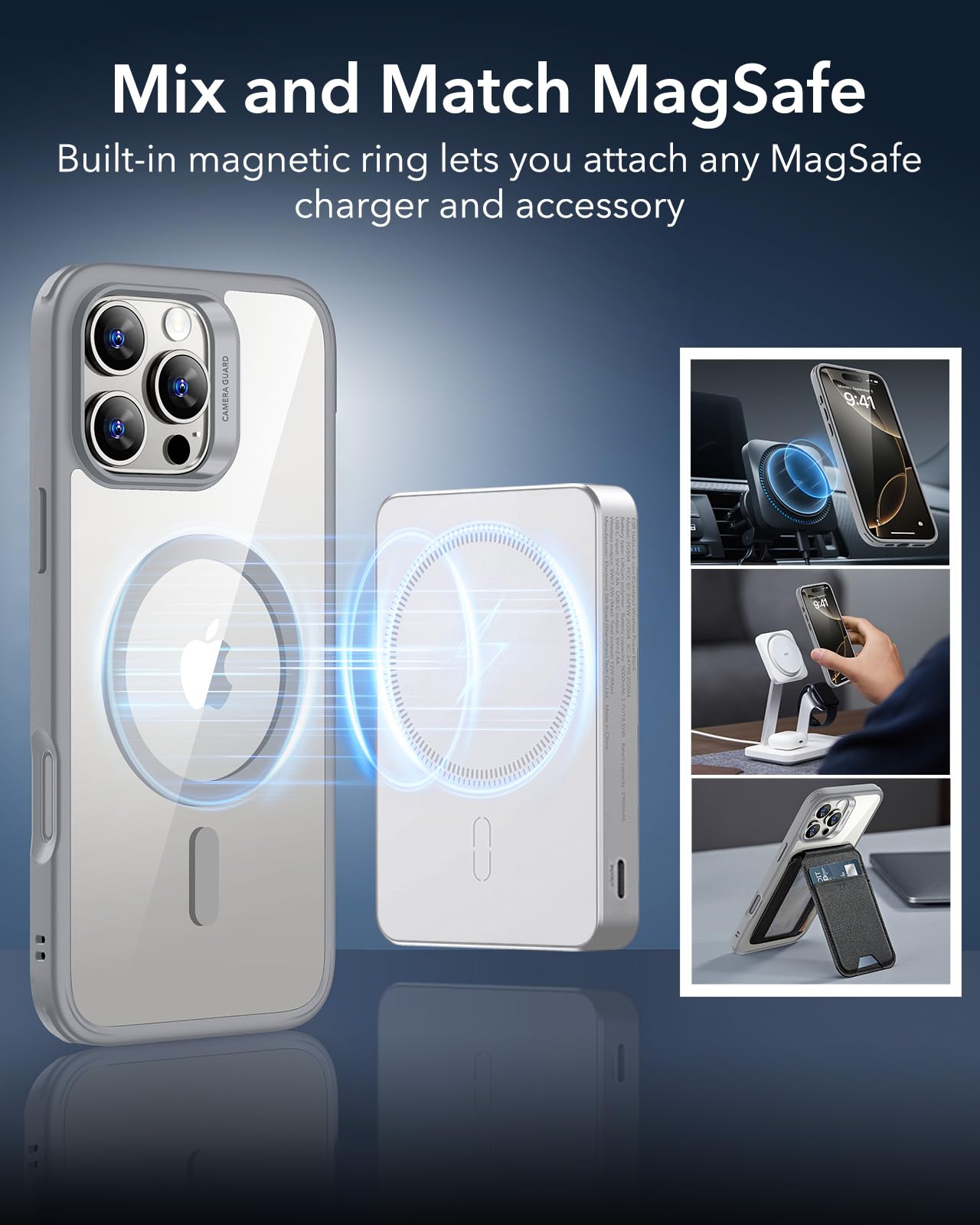 ESR for iPhone 16 Pro Case with MagSafe - Military Grade Shockproof Protection | Magnetic Phone Cover | Classic Hybrid HaloLock Clear Grey | Perfect for Outdoor Activities & Daily Use