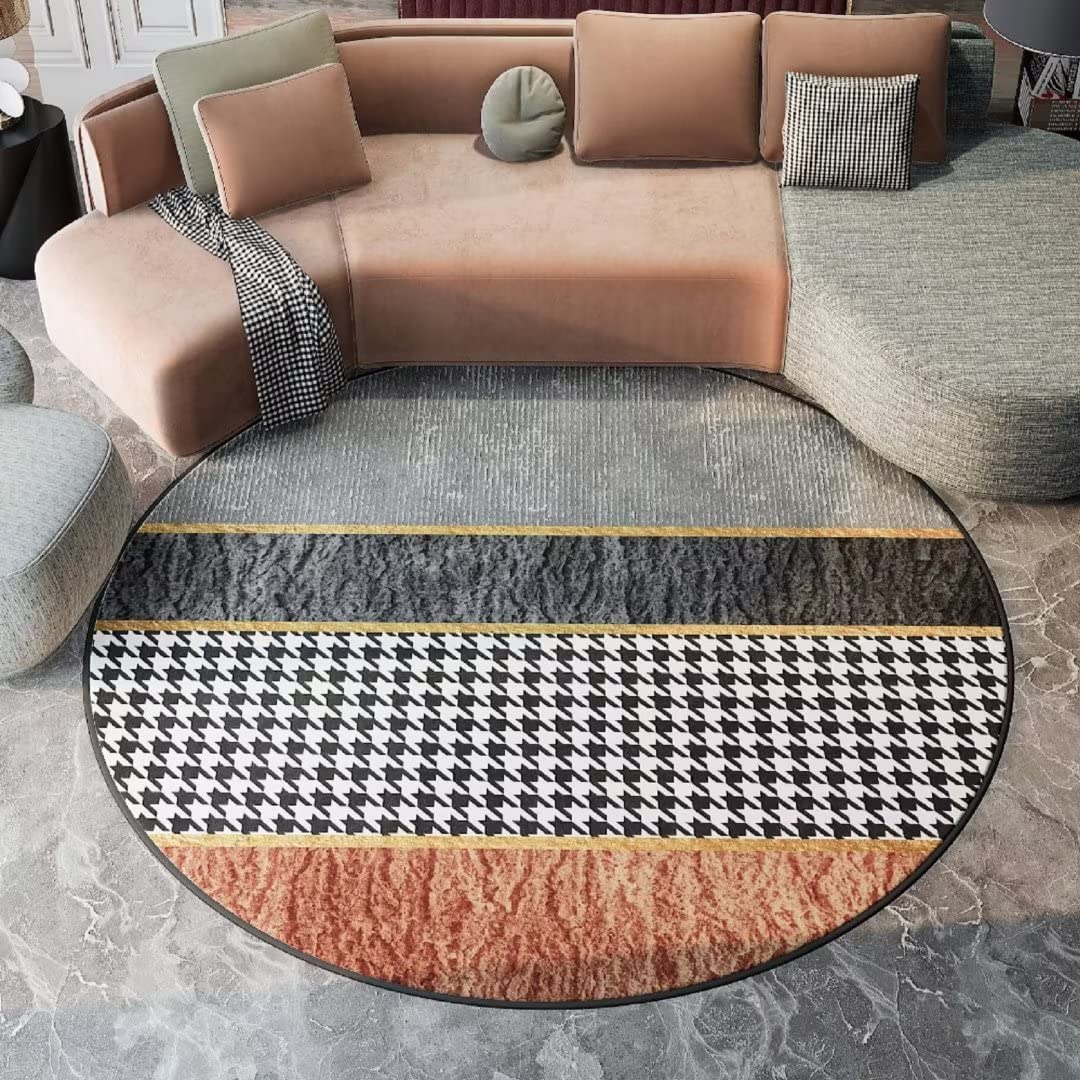 Modern Abstract Round Area Rug - 5 ft Houndstooth Printed Washable Non-Slip Carpet for Living Room & Bedroom | Boho Chic Home Decor Floor Mat