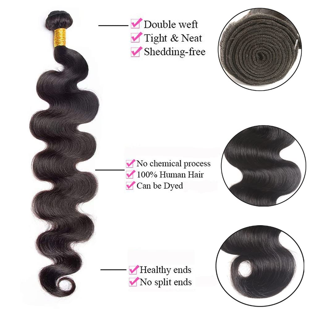 26 28 30 Inch 100% Unprocessed Brazilian Human Hair Bundles - Body Wave Weave 3 Bundles (300g) Natural Black Color for Sew-in, Clip-in Extensions & Styling