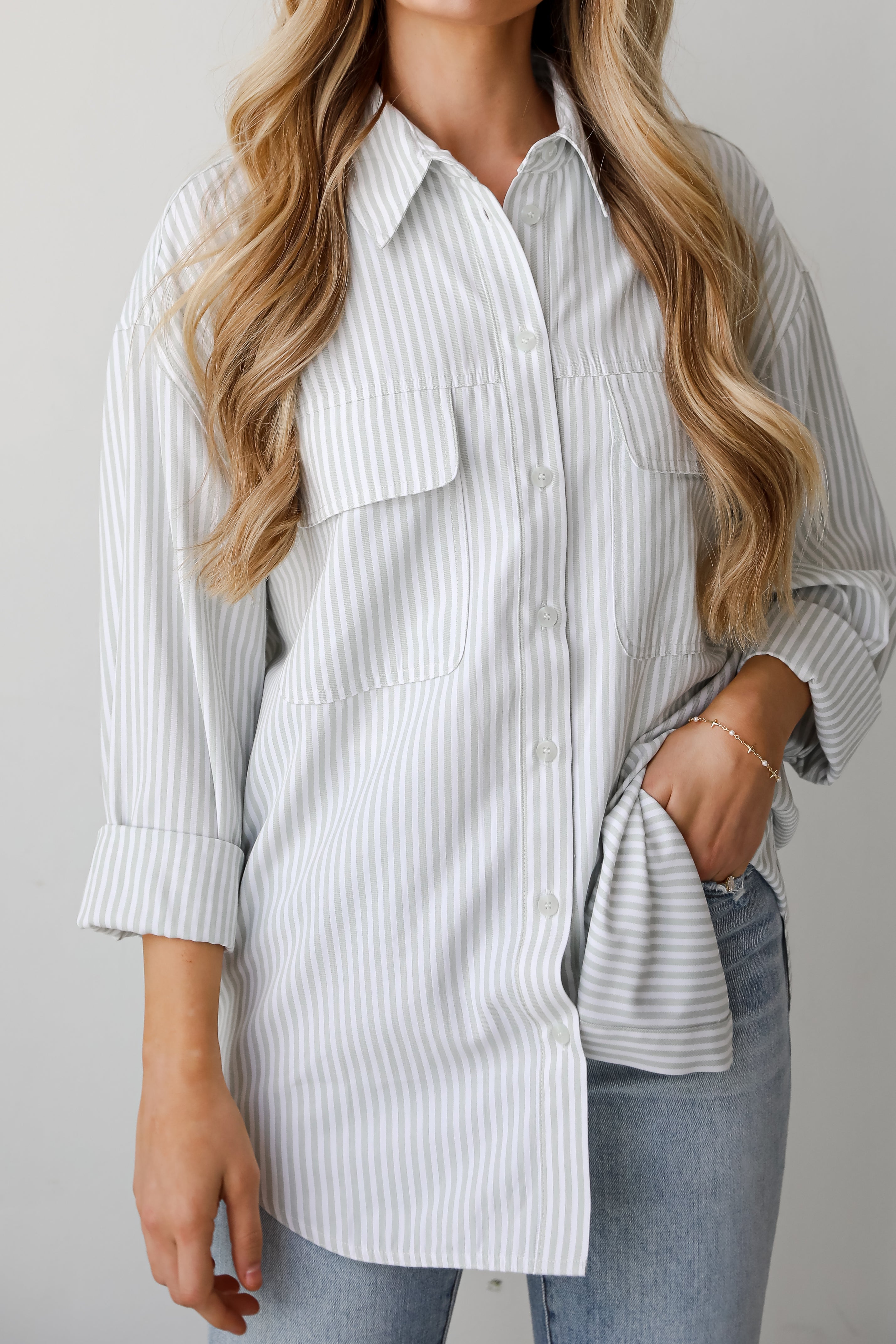 Easygoing Mentality Sage Striped Button Up Blouse for Women | Casual Office & Spring Outfit Essential