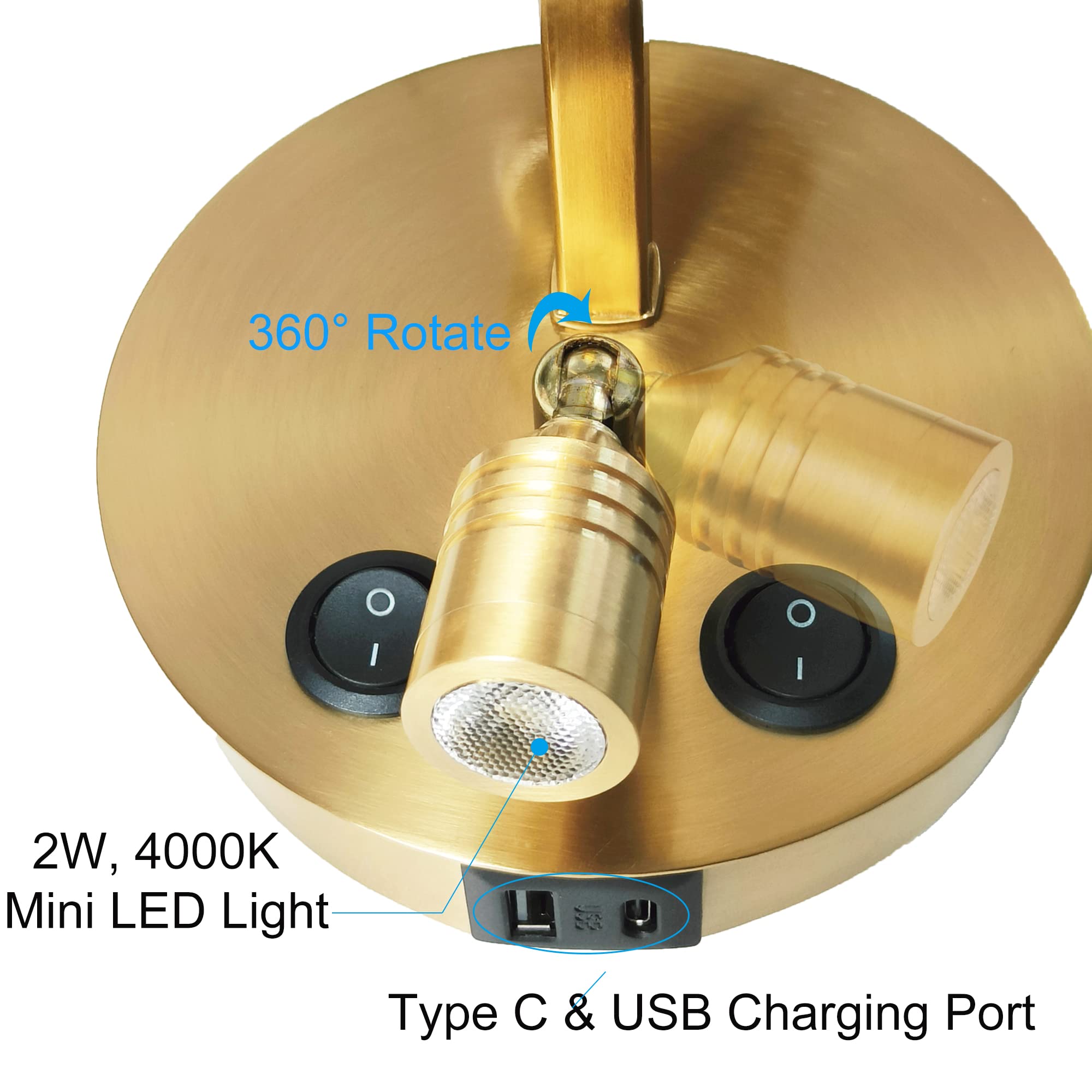 Modern Brass Wall Sconces Set of 2 - Gold USB Wall Lamps with Fabric Shade & Switch - Bedroom, Hallway & Living Room Lighting - Perfect for Ambient Lighting & Home Decor