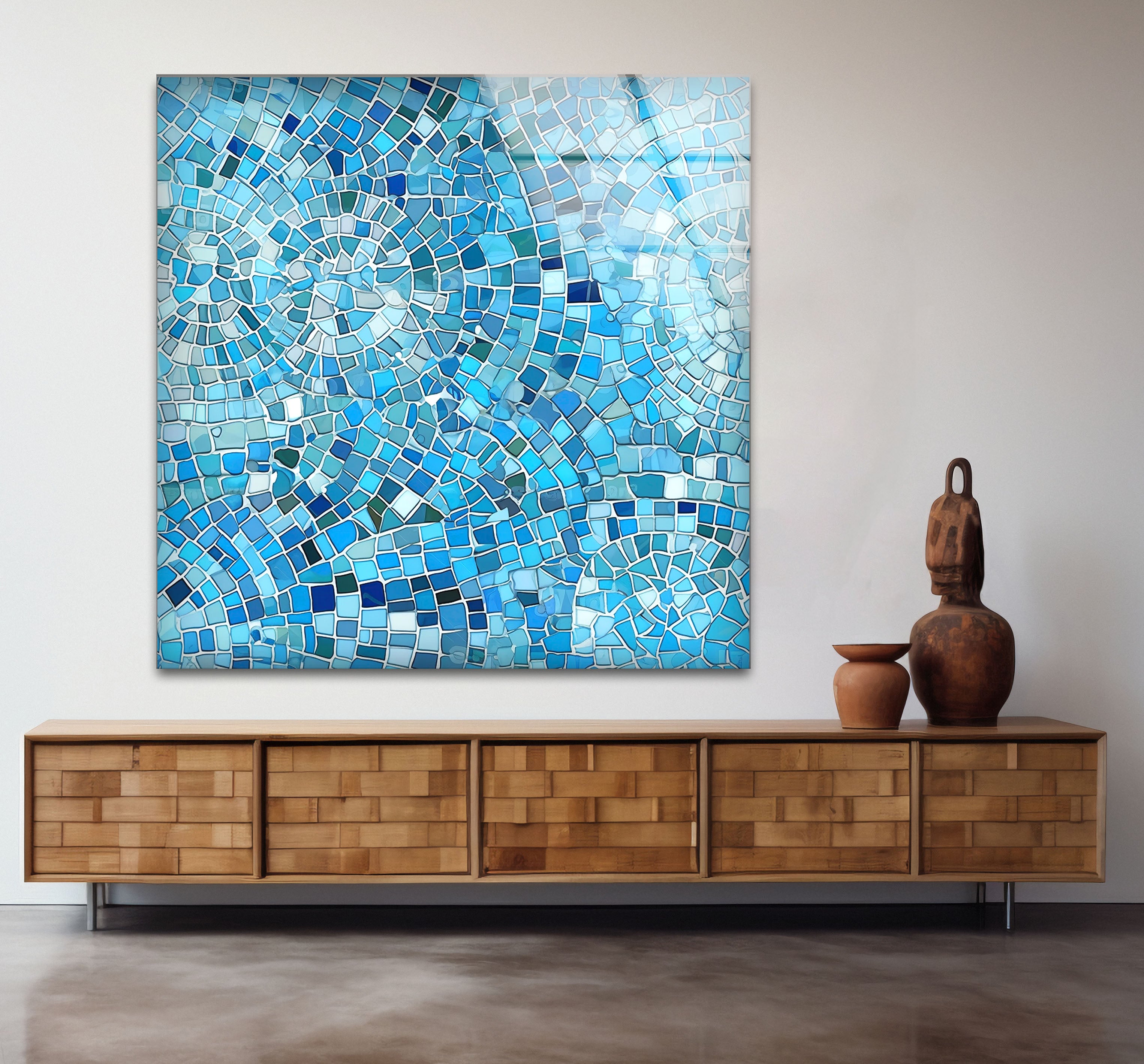 Aqua Blue Mosaic Glass Wall Art - Coastal Geometric Bathroom Decor for Spa, Beach House & Home - Perfect for Bathroom, Living Room, Bedroom Wall Decor