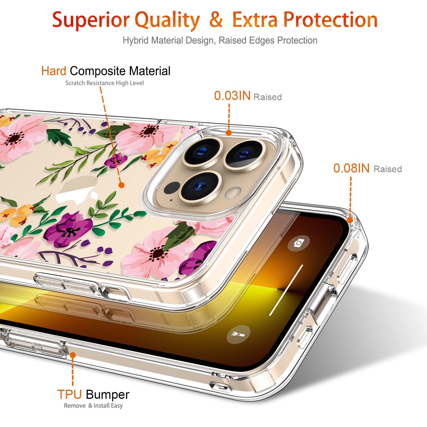 GiiKa iPhone 13 Pro Max Case 6.7 Inch with Screen Protector - Clear Shockproof Floral Design Hard Case with TPU Bumper Cover for Women & Girls - Perfect for Everyday Protection and Style