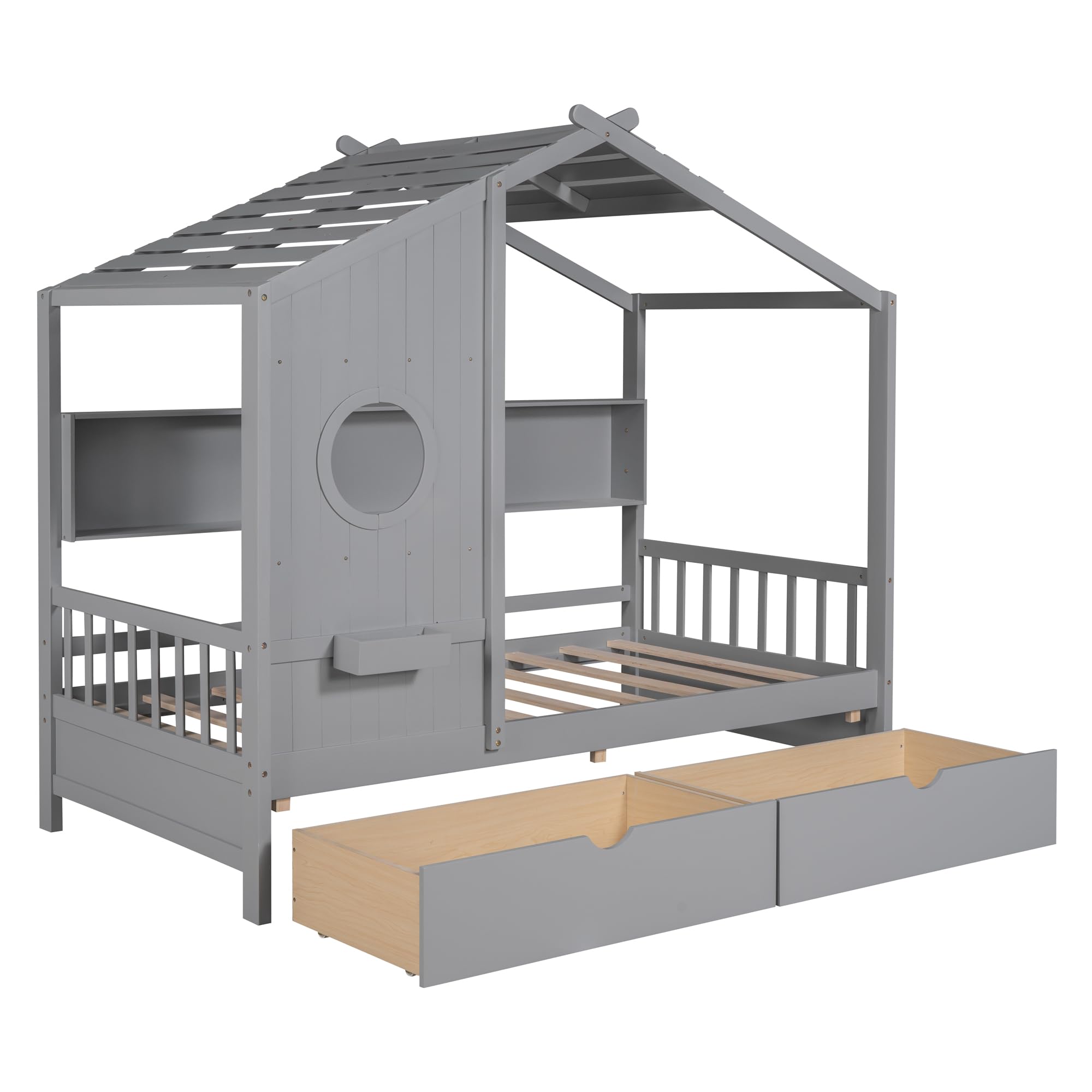 Wooden Twin Size House Bed with 2 Drawers - Kids Storage Bed with Shelf for Boys, Girls & Teens - Space-Saving Bedroom Furniture (Twin, Gray) - Perfect for Small Rooms, Playrooms & Sleepovers