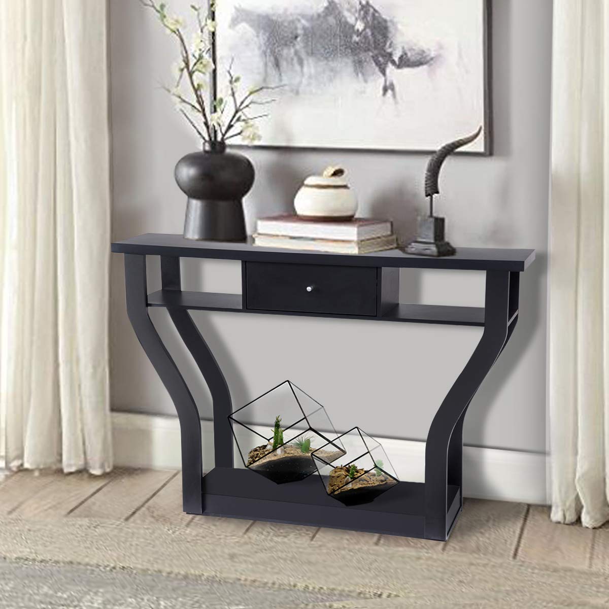 Giantex Narrow Console Table with Storage Drawer & Shelf - Entryway Hall Table, Sofa Side Table for Small Spaces - Black Home Office & Living Room Furniture for Modern Decor