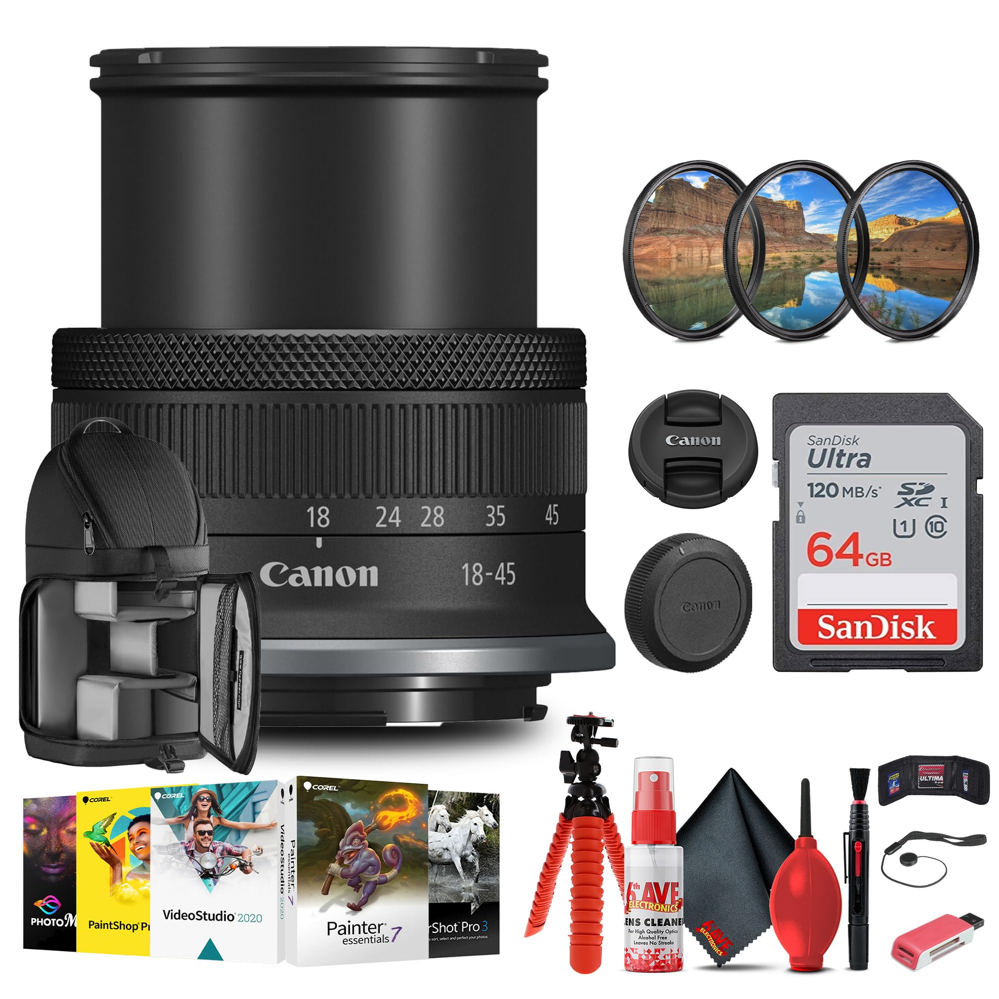 Canon RF-S 18-45mm f/4.5-6.3 IS STM Lens Kit with 64GB Extreme Pro SD Card, Corel Photo Software, Tripod & Accessories Bundle - Perfect for Travel Photography, Vlogging & DSLR Beginners (Renewed)