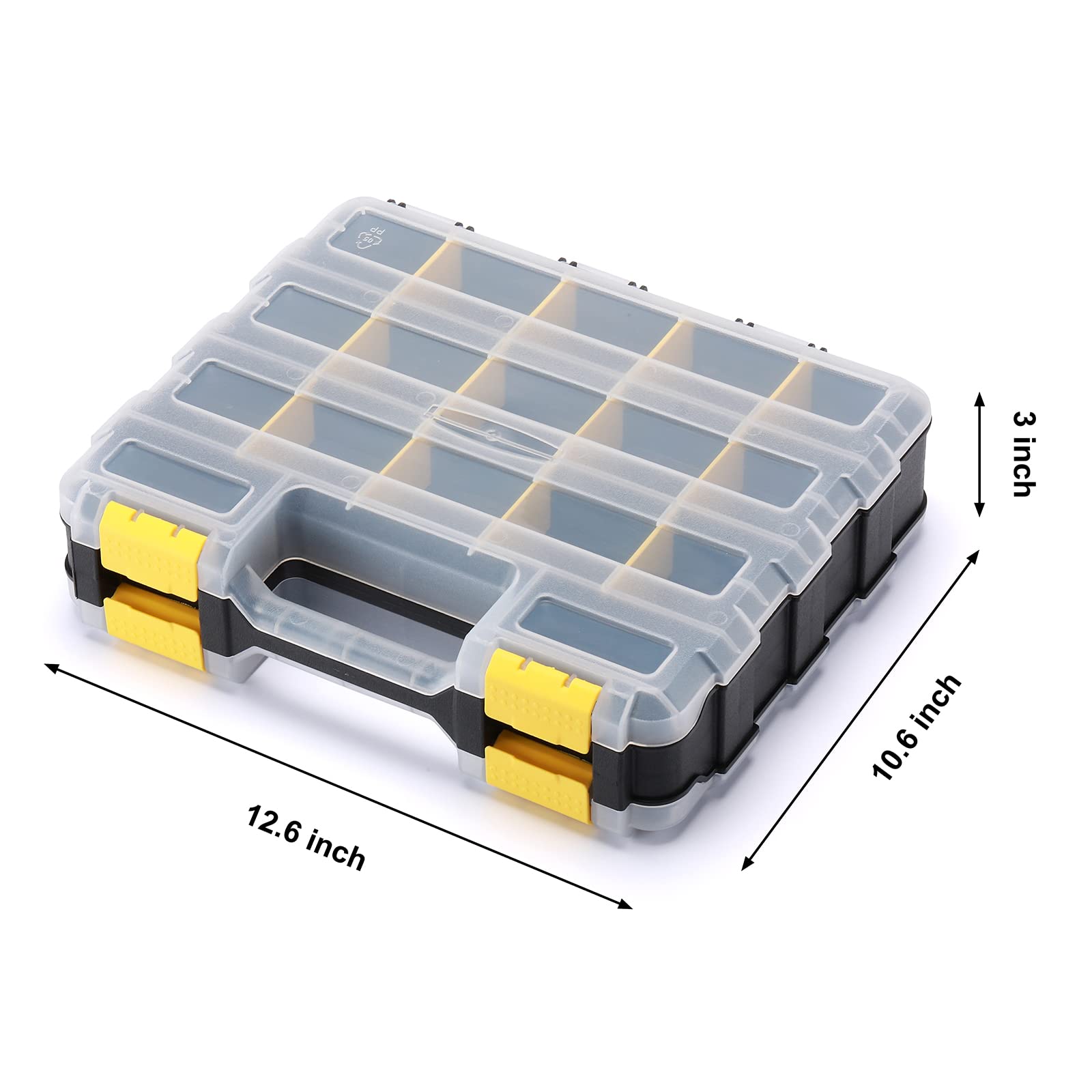 Mayouko Double-Sided Tool Organizer with Customizable Removable Plastic Dividers - 34-Compartment Hardware Storage Box for Small Parts (Black/Yellow) - Perfect for Workshop, Garage & DIY Projects