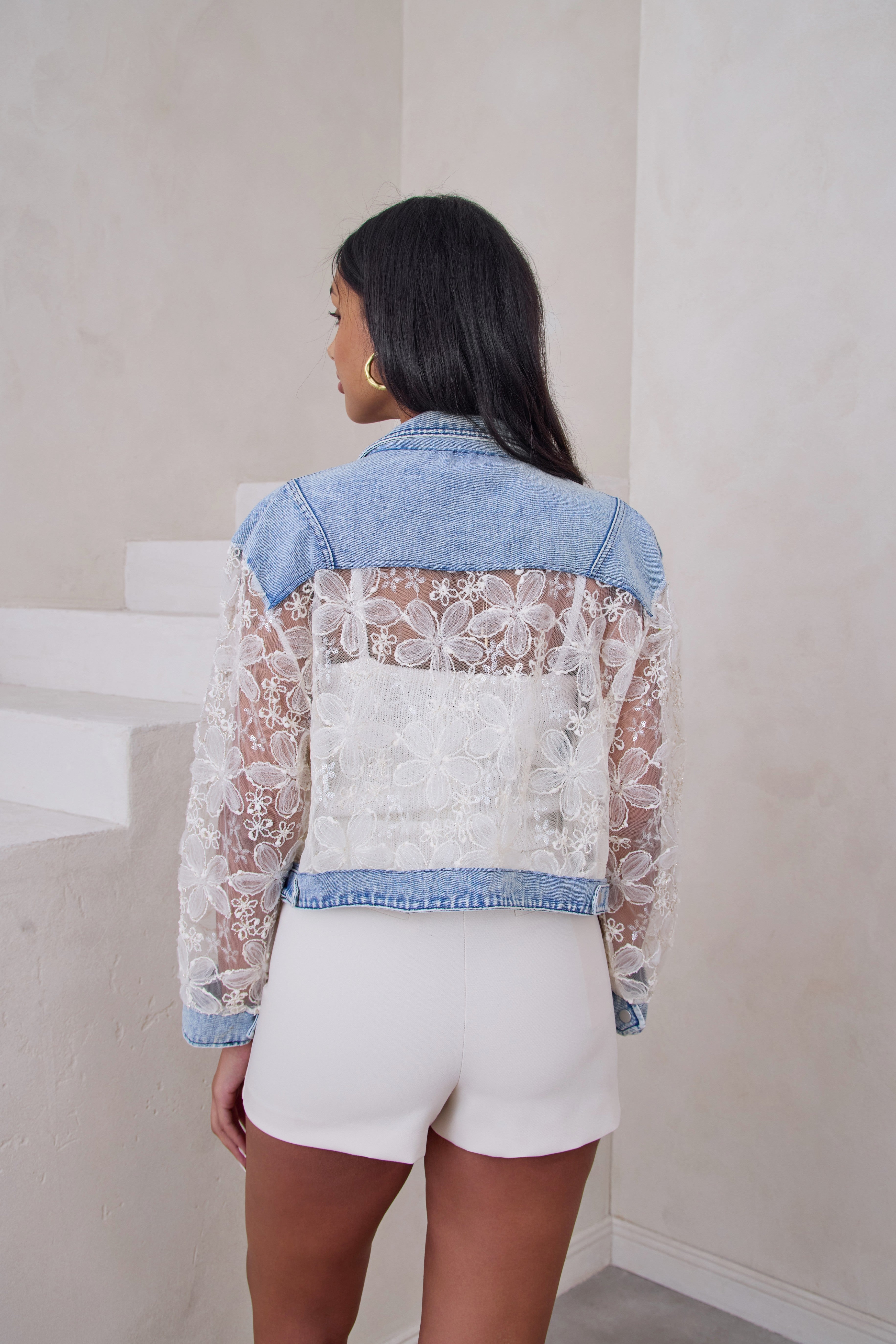 Stylish Women's Denim Lace Jacket - Fashionable Distressed Denim Coat with Lace Trim for Casual Outfits & Spring Layering | Perfect for Date Nights, Weekend Outings & Streetwear Fashion