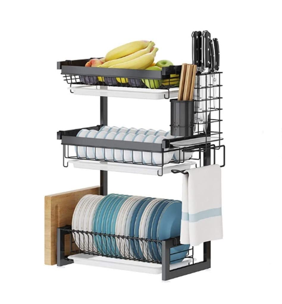 Stainless Steel 3-Tier Dish Drying Rack with Utensil Holder & Cutting Board Storage - Space Saving Kitchen Countertop Organizer for Dishes, Cups & Cookware (Black) - Perfect for Small Kitchens, Apartments & RV Living