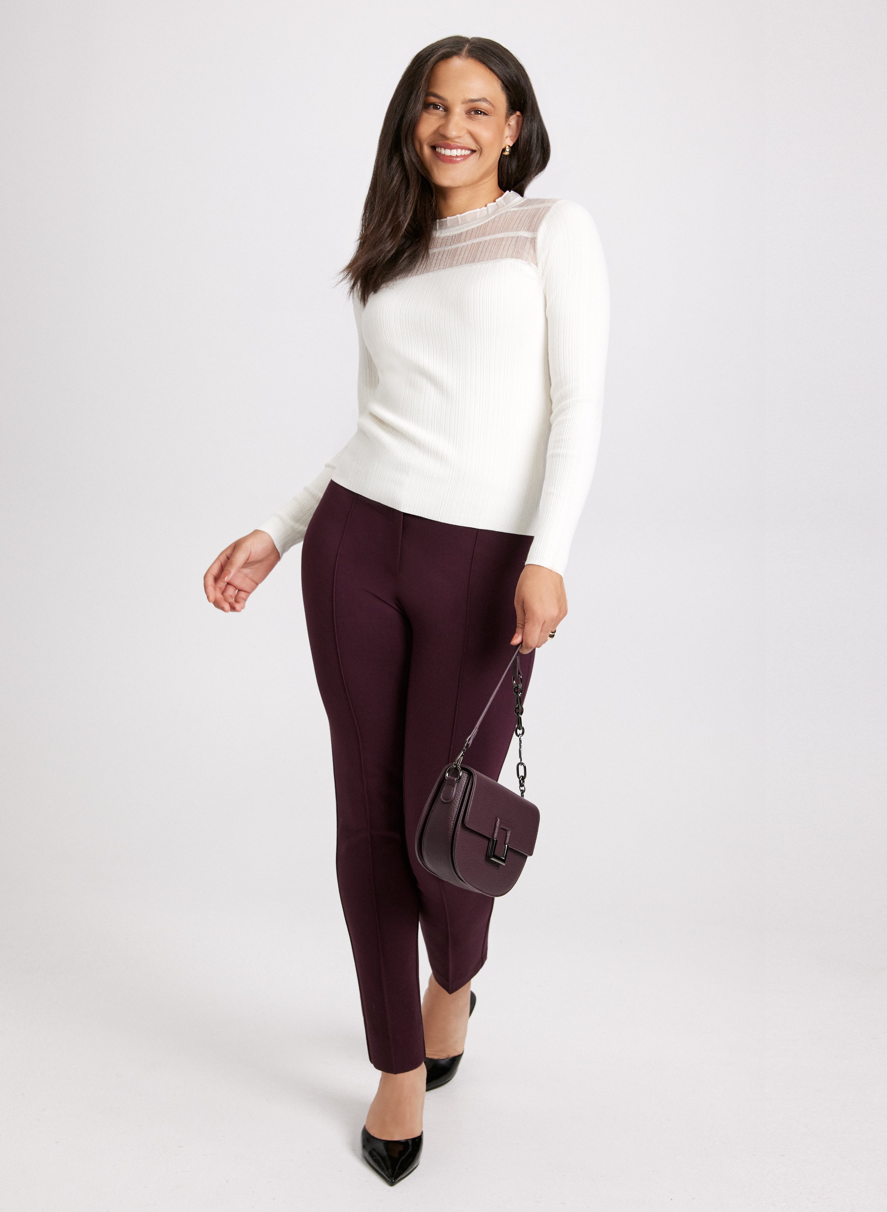 Emma Pintuck Detail Slim Leg Pants for Women - Comfortable Stretch Work Pants for Office & Business Casual Wear