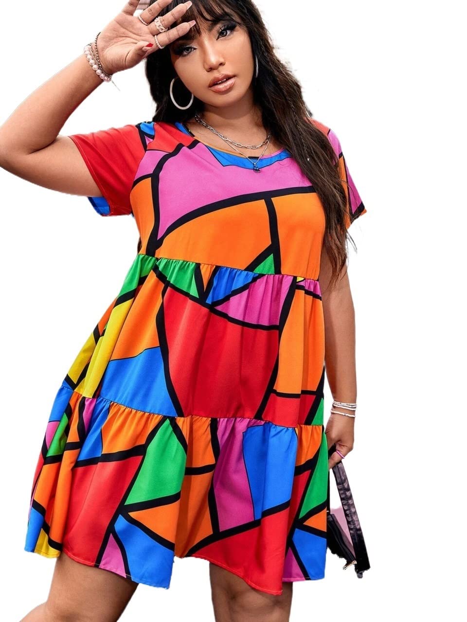 **INOUJEKER Women's Plus Size Geo Print Smock Dress - Flowy 4XL Boho Maxi Dress for Casual & Beach Wear**    (Note: This optimized title includes SEO-friendly keywords like 