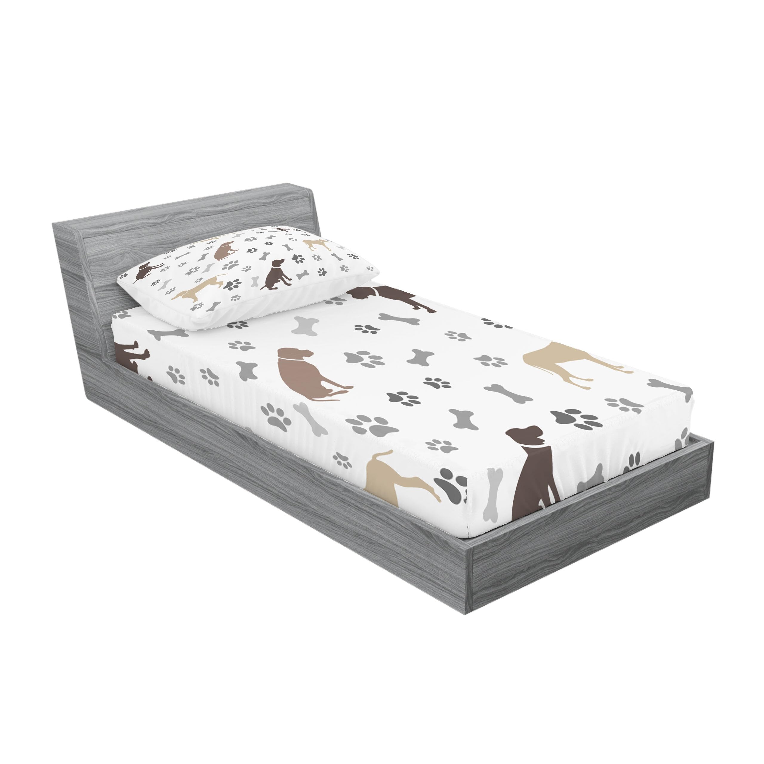 Ambesonne Dog Lover Fitted Sheet & Pillow Sham Set - Paw Print Bones & Dog Silhouettes American Foxhound Breed Pattern, 2-Piece Twin Bedding Set in Umber Beige Grey | Perfect for Dog-Themed Bedrooms, Pet Lover Gifts & Cozy Home Decor