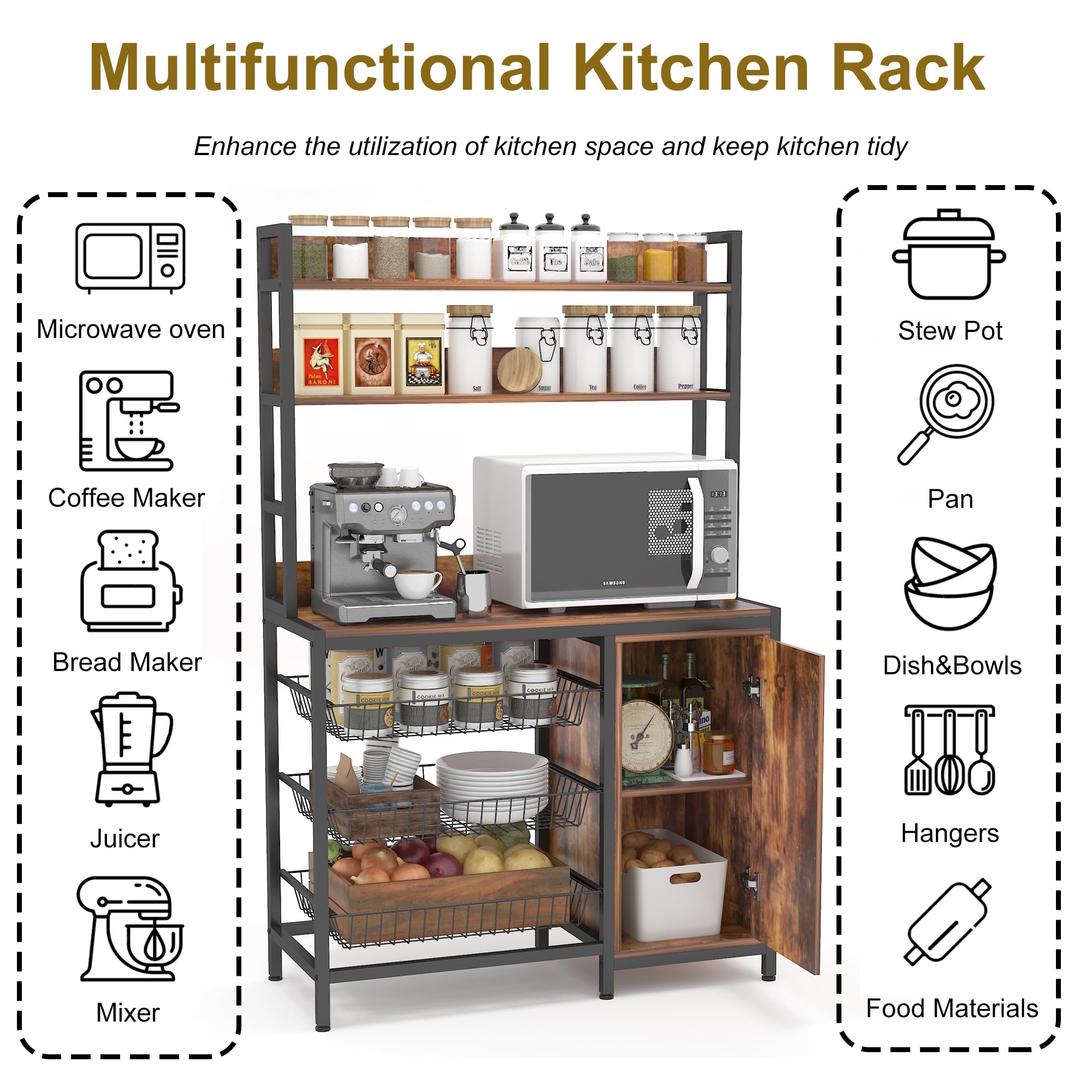 Industrial Kitchen Bakers Rack with Baskets & Door, Microwave Oven Stand, Utility Storage Shelf, Free Standing Organizer with Hooks - Perfect for Small Kitchens, Pantries, and Home Storage Solutions
