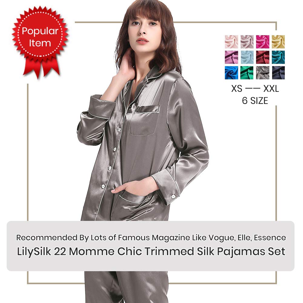 LilySilk Women's Long Silk Pajamas Set - V-Neck Notched Collar with White Trim - Luxurious 100% Mulberry Silk Sleepwear for Women - Perfect for Relaxing at Home, Spa Days & Gift Giving