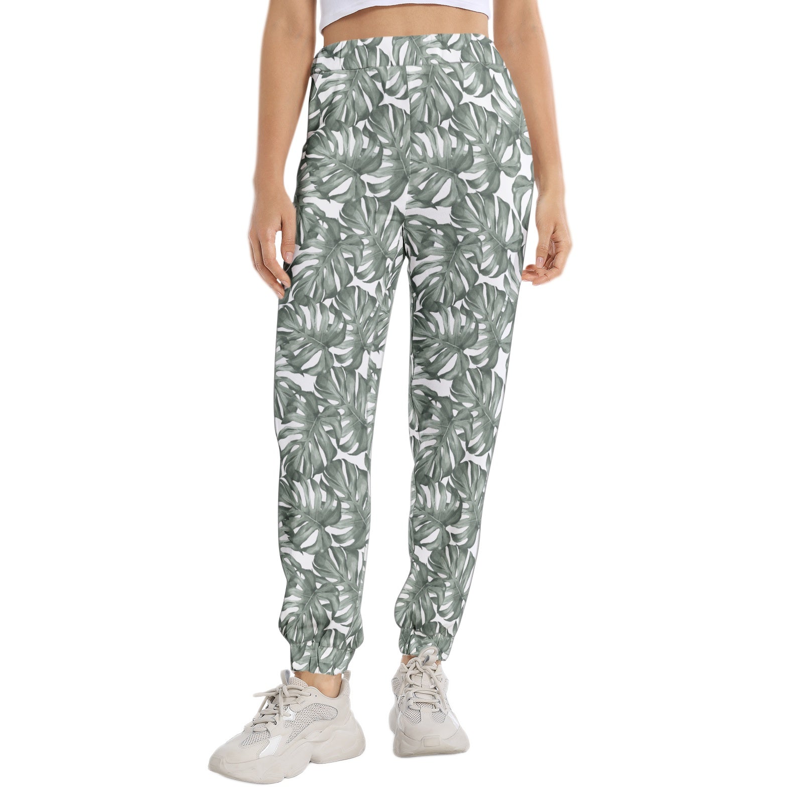 Elastic Waist Tapered Sweatpants for Women - Soft Cotton Joggers with Tropical Palm Print - Perfect for Yoga, Lounge & Casual Wear