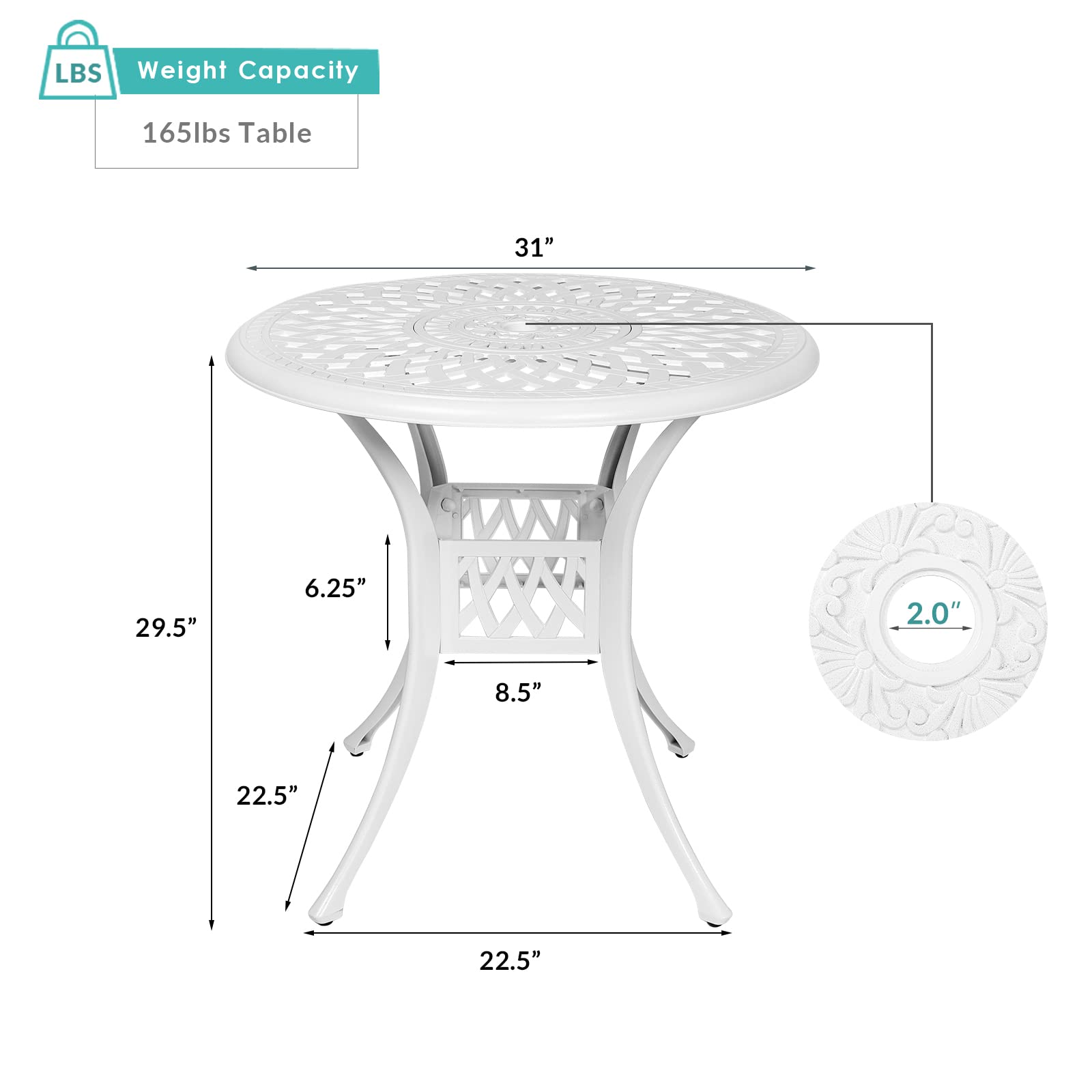 MEETWARM 31 Inch Round Outdoor Bistro Table - White Cast Aluminum Patio Dining Table with 2 Inch Umbrella Hole | Perfect for Small Balcony, Garden, Poolside & Backyard Dining
