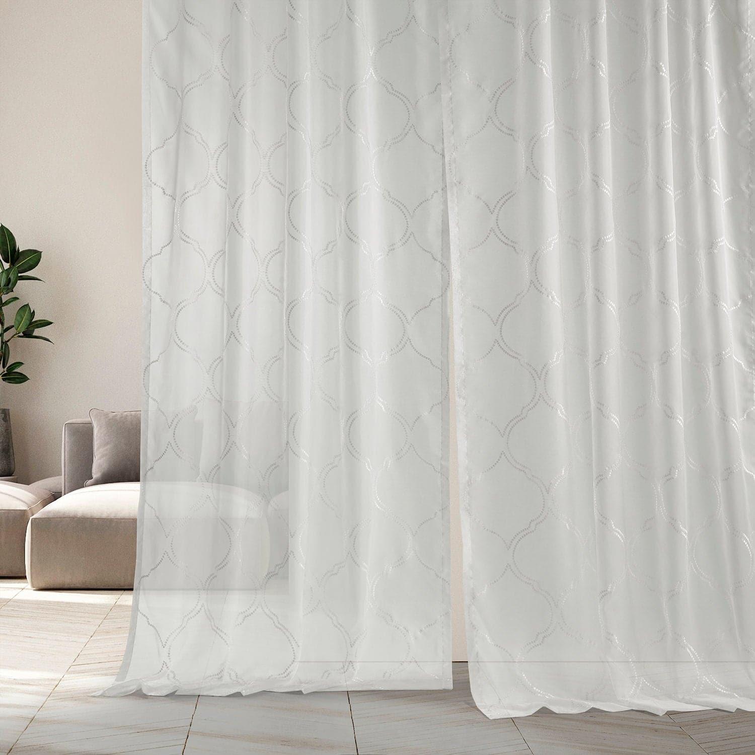 Florentina White Embroidered Geometric Sheer Curtains - Elegant Window Treatments for Living Room, Bedroom & Dining Room Decor