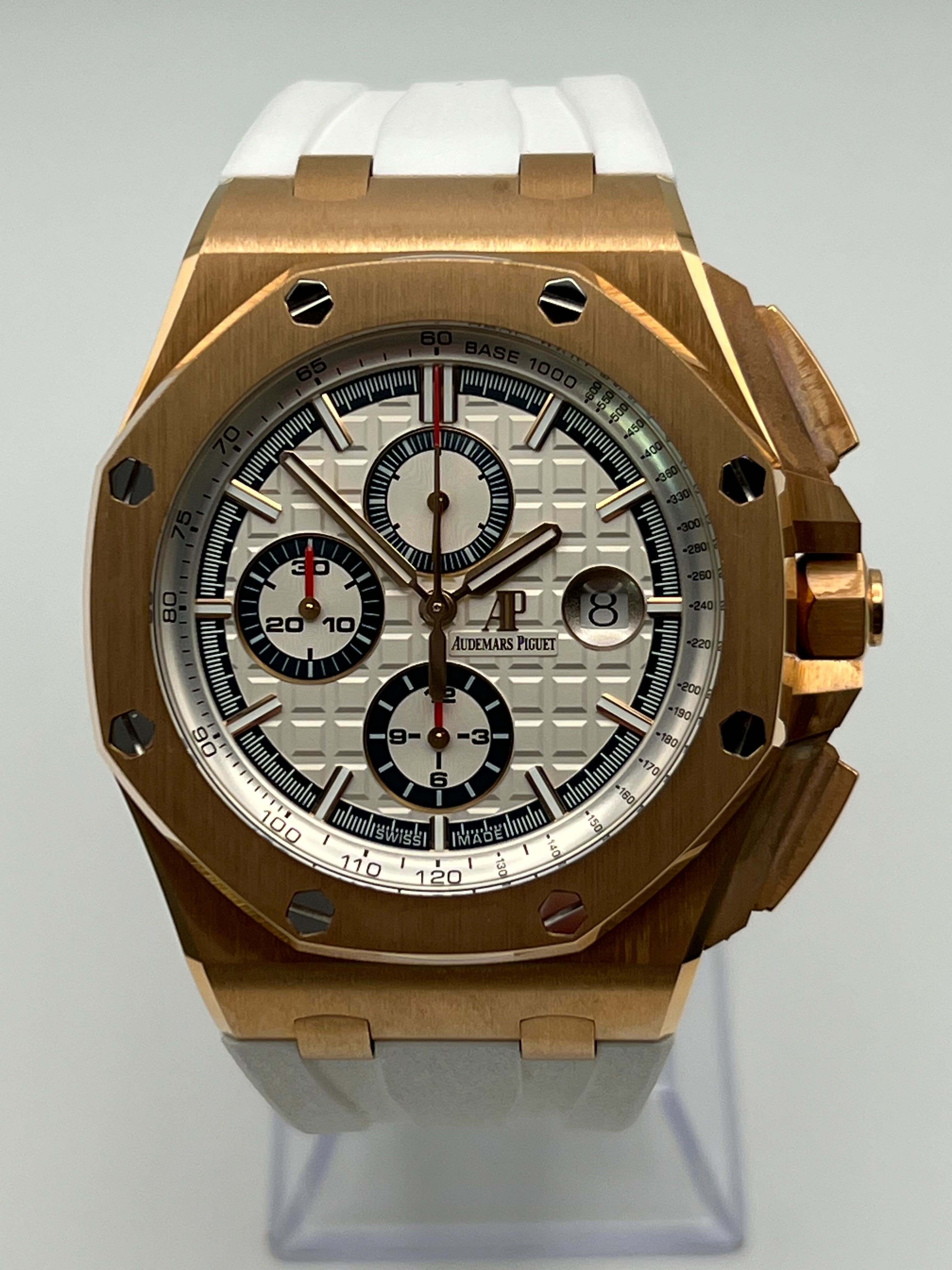Audemars Piguet Royal Oak Offshore 26408OR Chronograph Watch - 18K Rose Gold Case, White Dial, Leather Strap - Luxury Men's Watch for Business & Formal Occasions