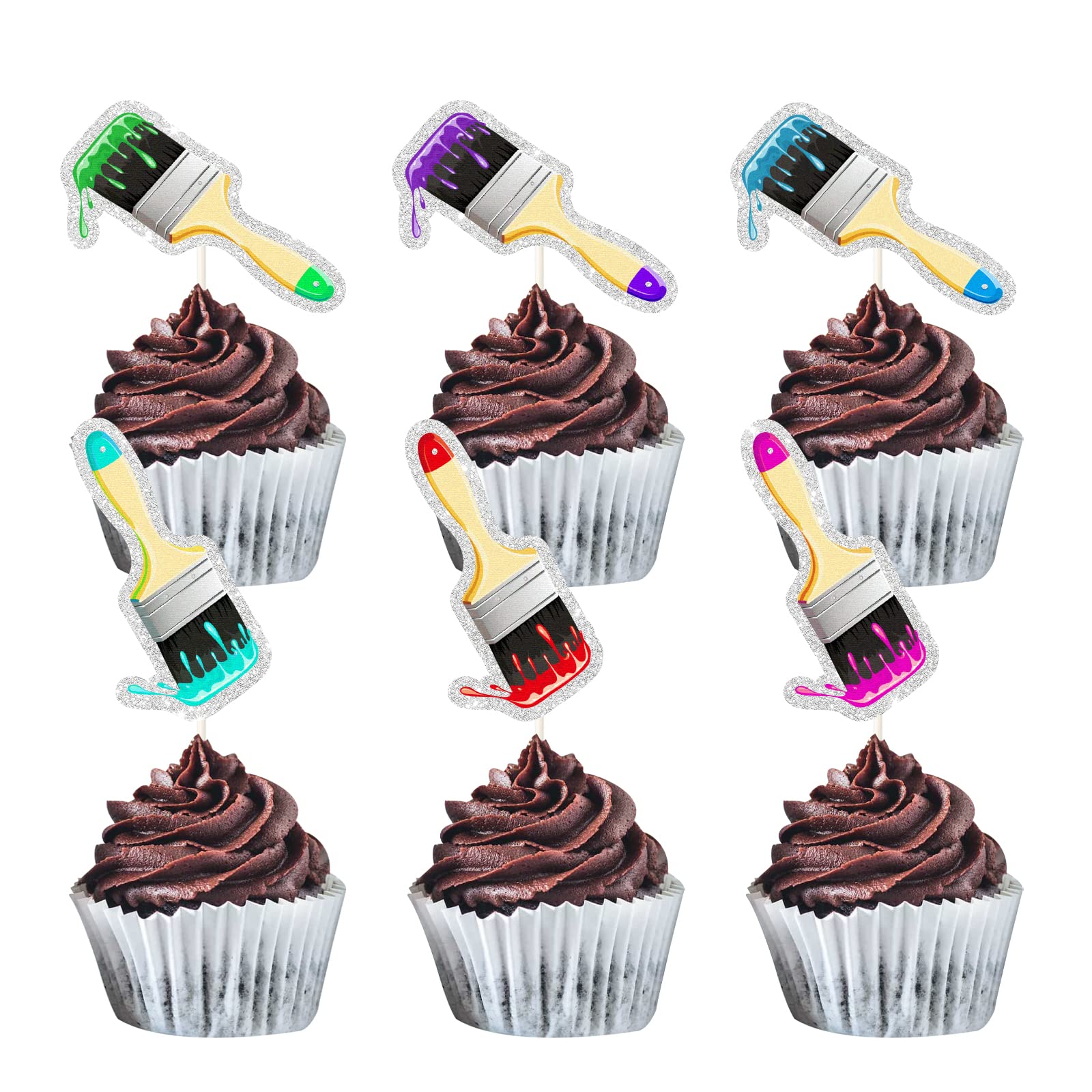 18Pcs Glitter Paint Brush Cupcake Toppers - Graffiti Art Theme Baking Decorations for Birthday Parties, Weddings & Baby Showers - Perfect for Artist-Themed Events, DIY Cupcake Decorating & Creative Dessert Displays