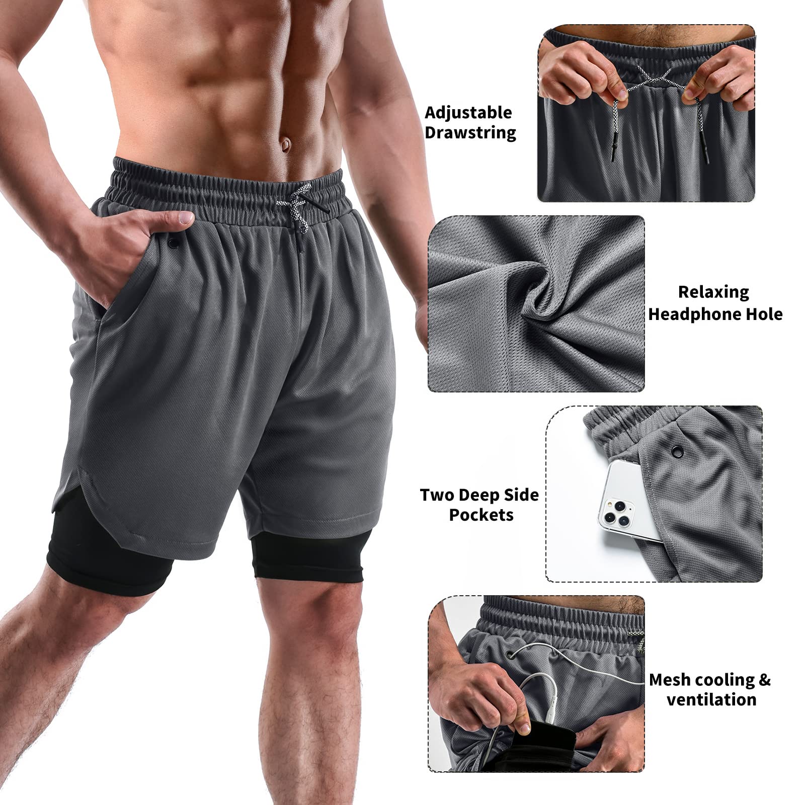 2 in 1 Men's Gym Shorts 7 Inch with Pockets & Towel Loop - 2 Pack Quick Dry Running Shorts for Workout, Jogging & Casual Wear | Perfect for Gym, Sports & Outdoor Activities