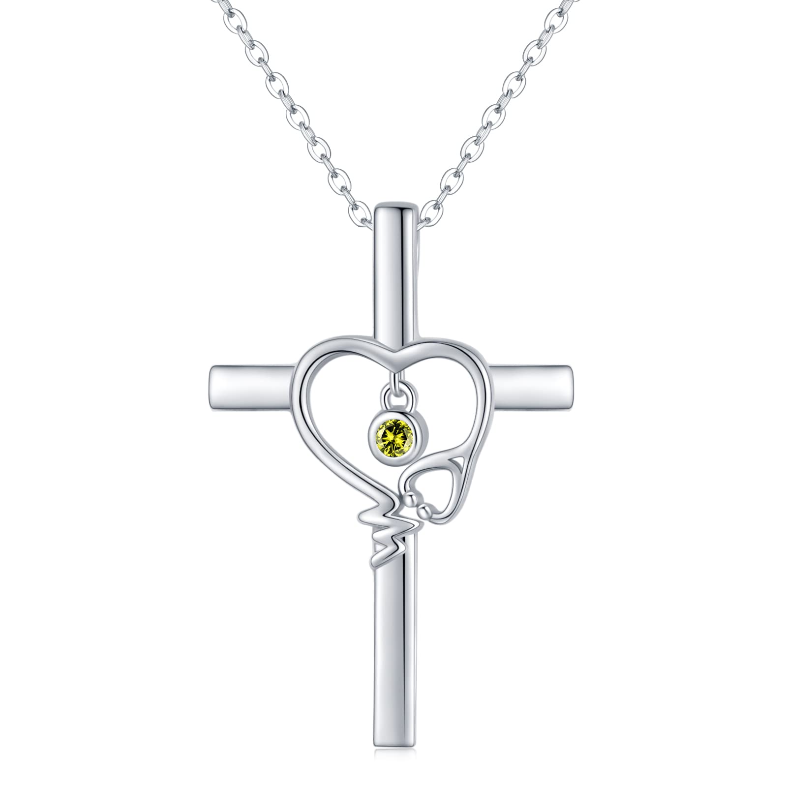 Sterling Silver Nurse Necklace with Birthstone & Cross Pendant - Stethoscope Heartbeat Jewelry for Medical Professionals | Perfect Graduation Gift for Doctors, Nurses & Medical Students | Ideal for Clinical Work, Special Occasions & Daily Wear