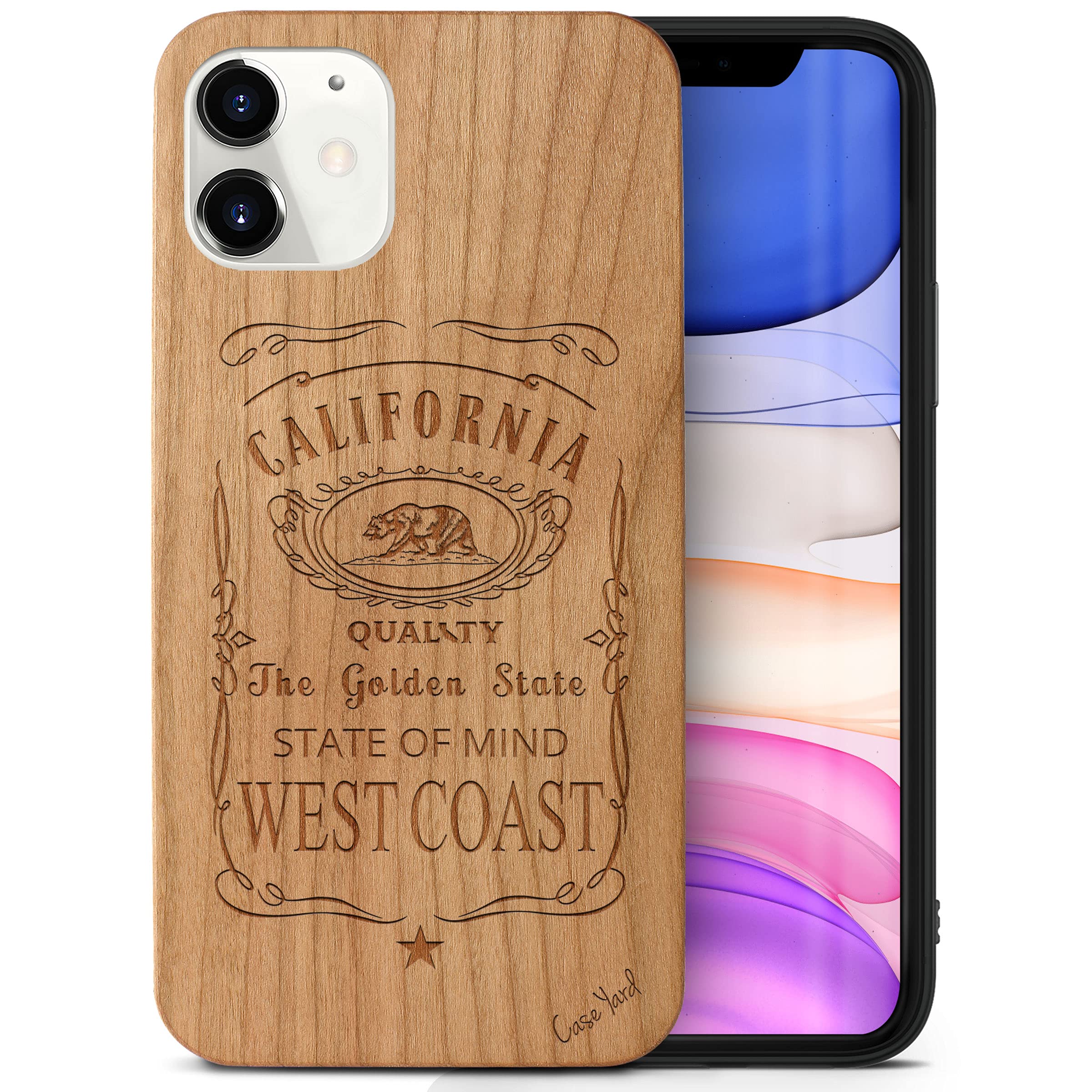 CaseYard Wood Phone Case for iPhone 11 - Laser Engraved West Coast Design Cherry Wood Cover | Shockproof Slim Fit Protective Case for Men & Women | Perfect for Outdoor Adventures & Daily Use