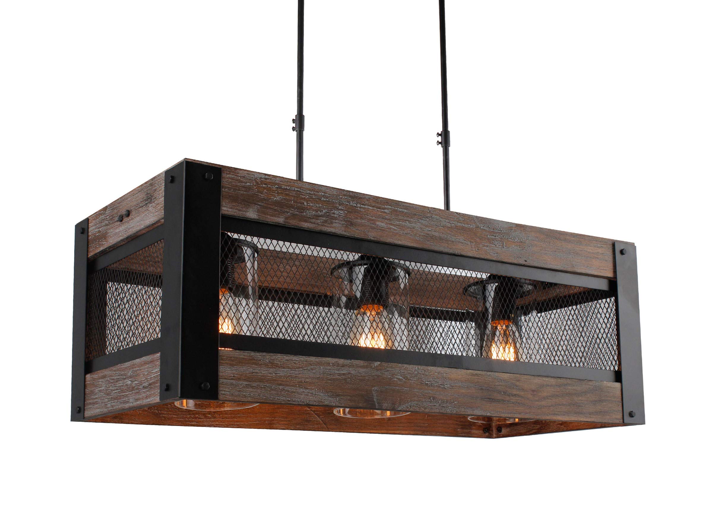 24 Inch Wide Wooden Rectangular Farmhouse Pendant Light with Wire Mesh - Rustic 3-Light Chandelier for Kitchen Island, Dining Room & Farmhouse Decor
