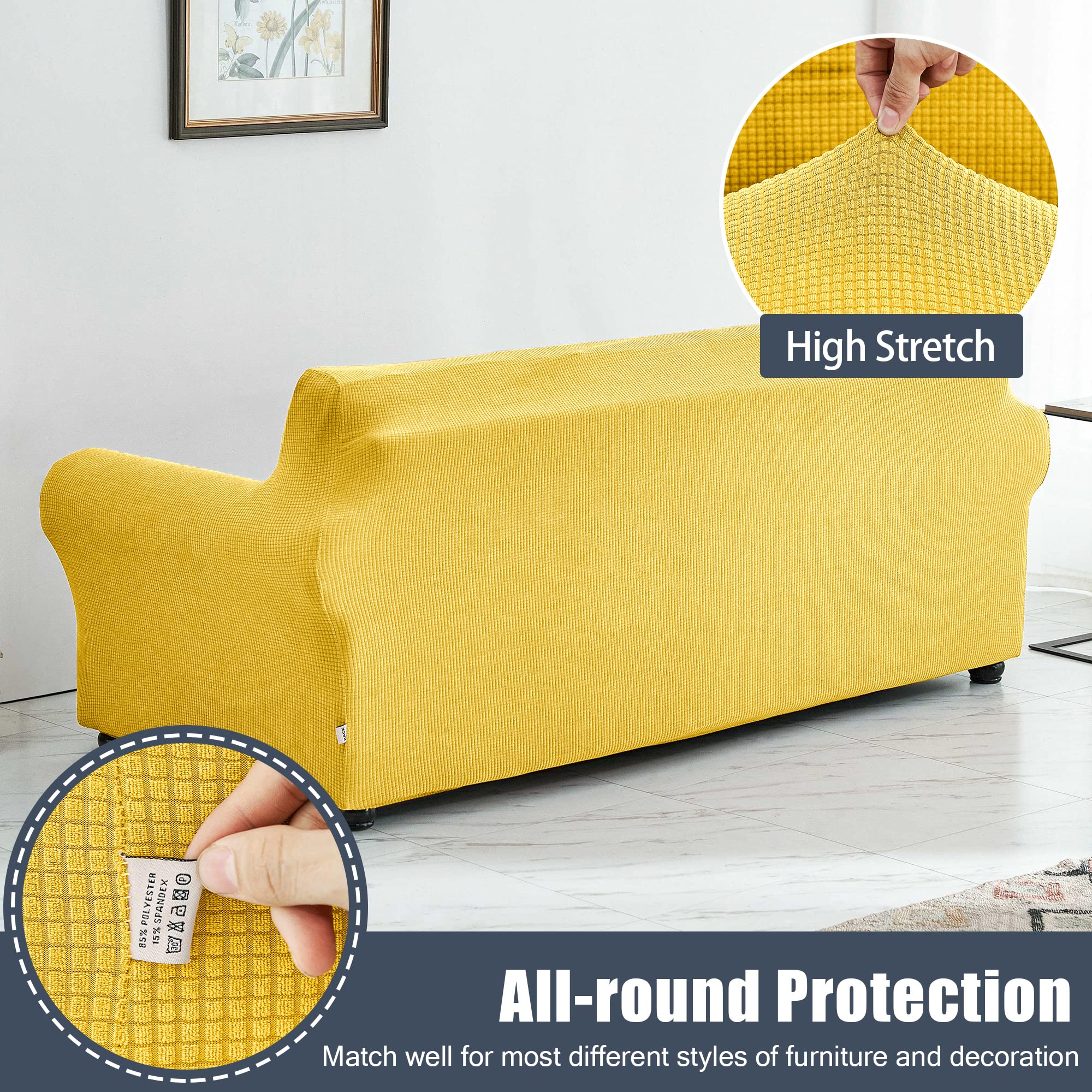 Stretch Sofa Slipcover - Waterproof Couch Cover with Elastic Bottom, Soft Furniture Protector for Kids & Pets (Yellow, Medium) - Perfect for Living Room, Family Room & Pet-Friendly Homes