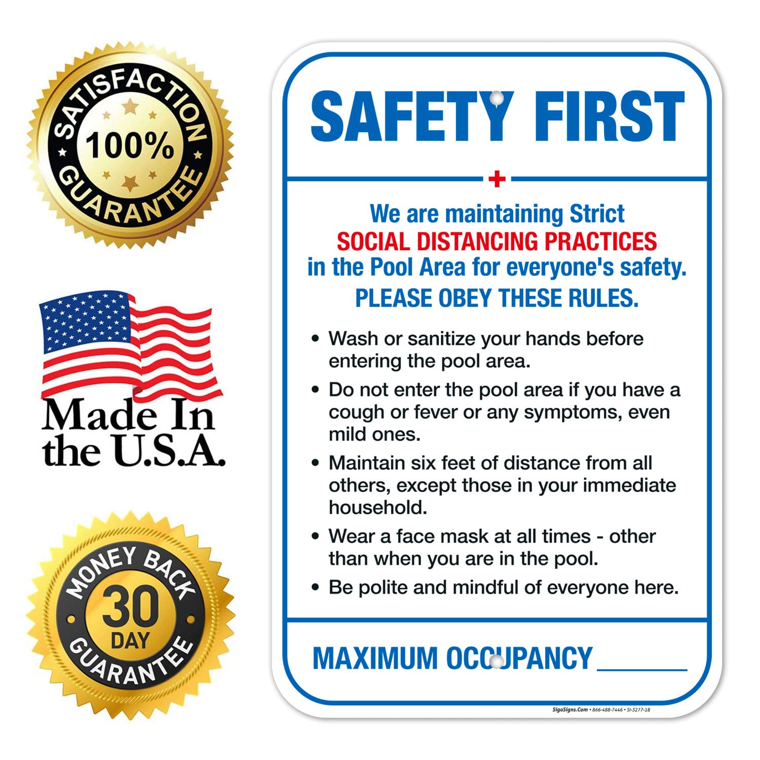 Social Distancing Pool Rules Sign - 12x18 Inch Rust-Free Aluminum Safety Sign for Pools, Beaches & Resorts - Fade-Resistant, Made in USA