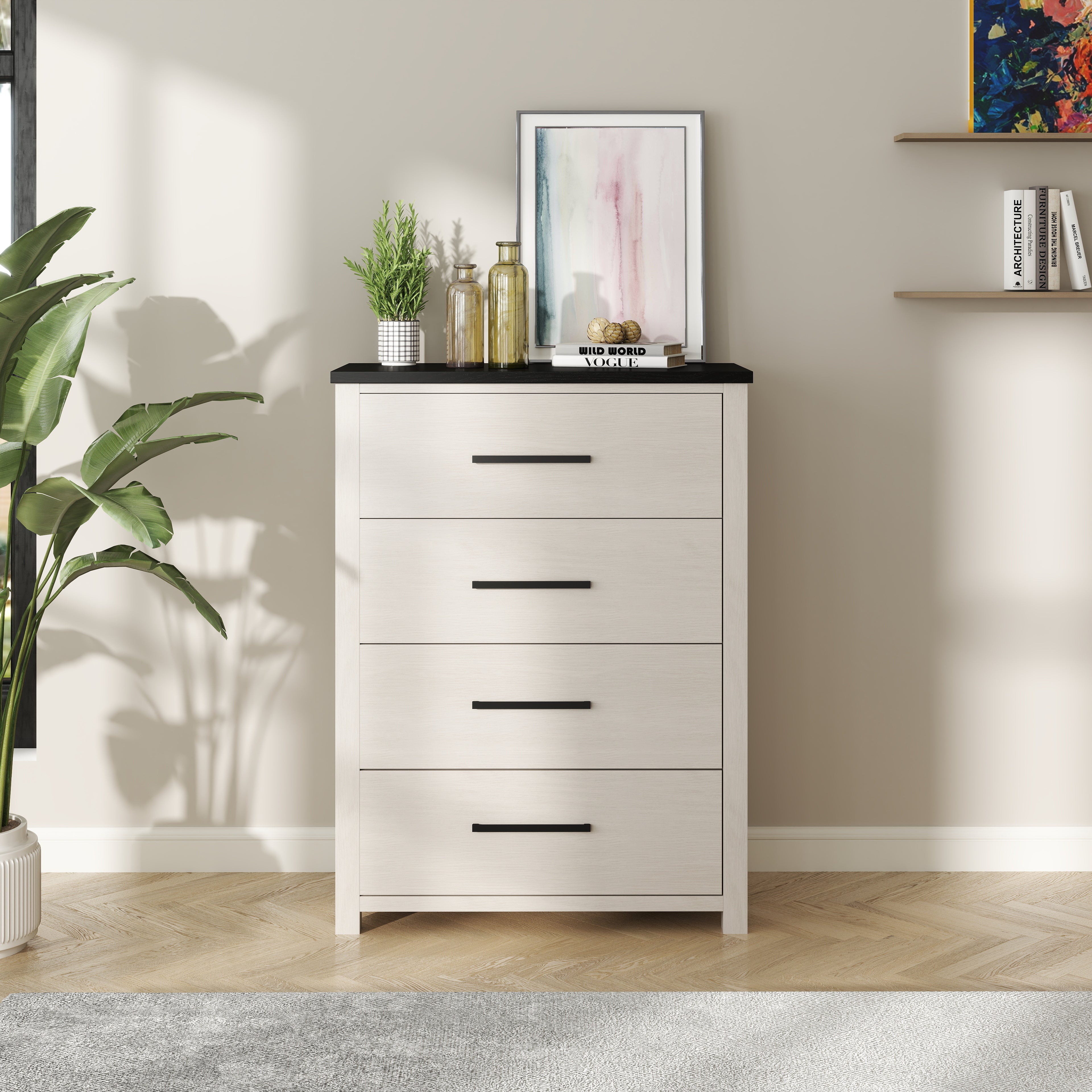 Roundhill Furniture Realynn 4-Drawer Bedroom Chest Dresser - Off White Finish - Stylish Storage Solution for Bedroom, Living Room & Nursery Organization