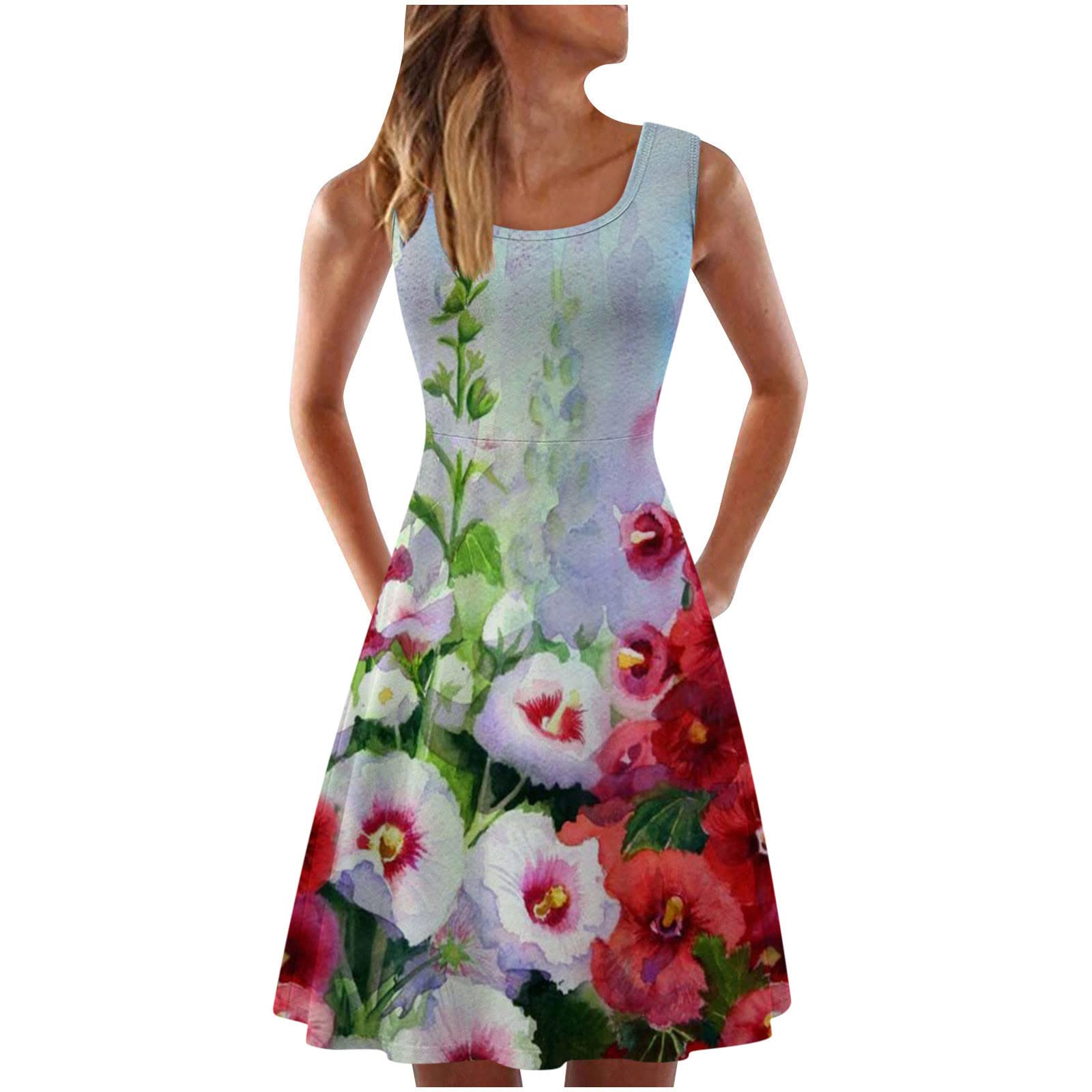 Women's Floral A-Line Sun Dress - Sleeveless Scoop Neck Pleated Midi Dress for Summer | Casual Loose Flowy Design | Perfect for Beach Vacations, Garden Parties & Date Nights