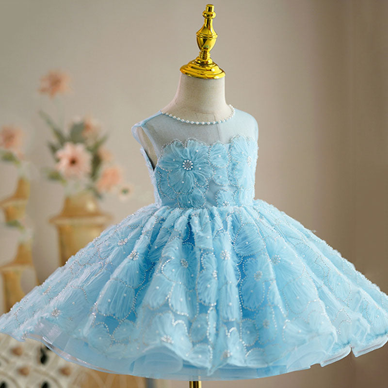 Baby Girl Birthday Party Bead Collar Flower Princess Dress - Elegant Toddler Princess Gown for Birthday Celebrations, Photo Shoots & Special Occasions
