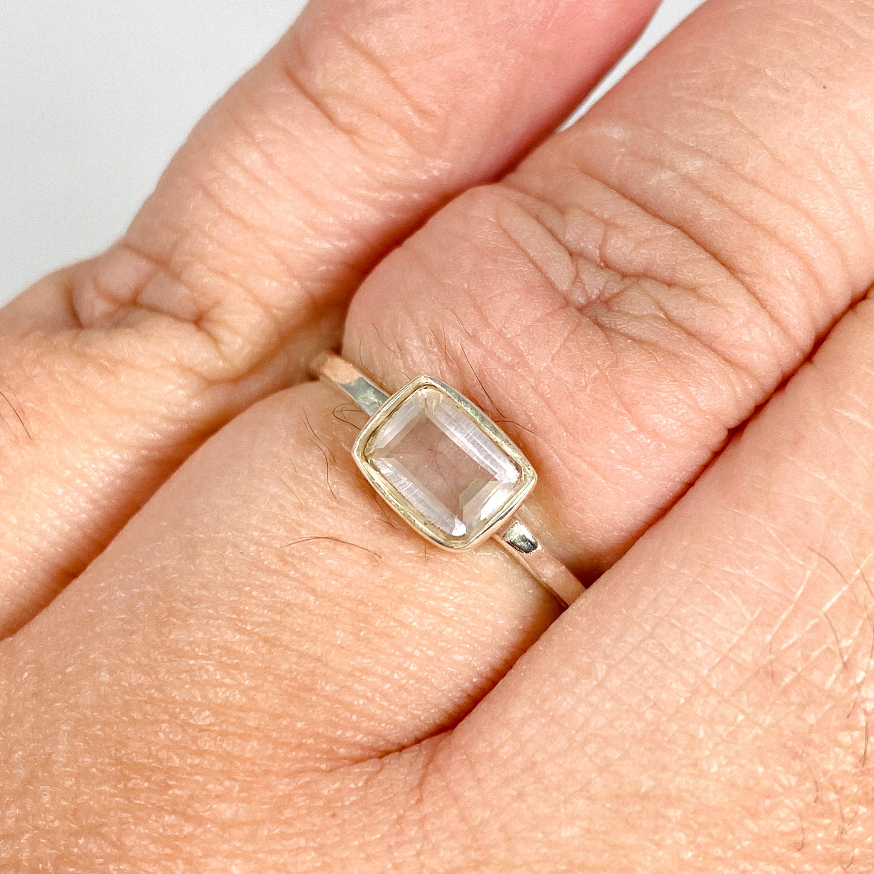 Rose Quartz Rectangular Faceted Fine Band Ring - Dainty Stackable Gemstone Jewelry for Women - Perfect for Everyday Wear, Gift Giving & Special Occasions