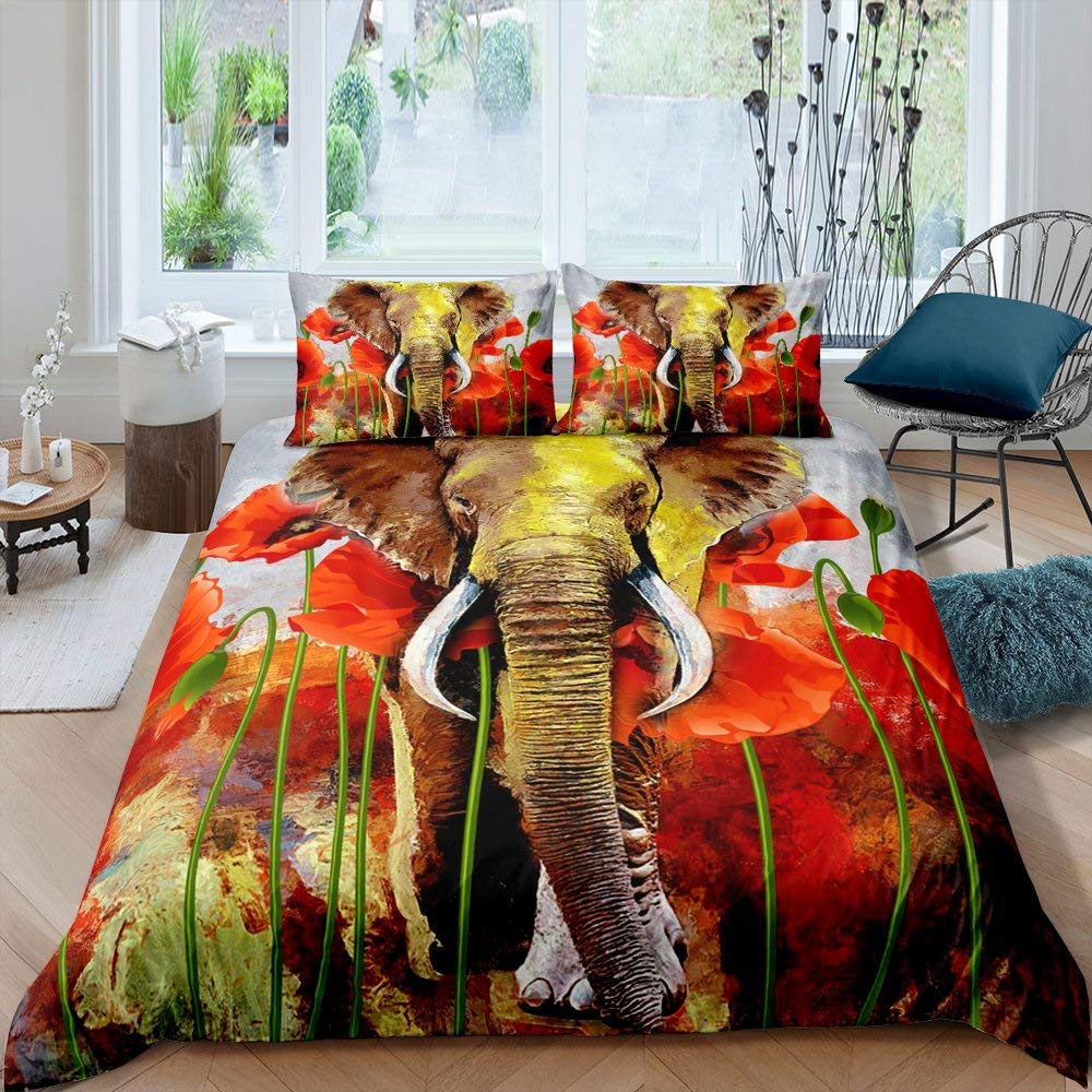 Erosebridal Queen Size Elephant Duvet Cover Set - Wildlife Animal Print Comforter Cover with Red Floral Watercolor Design for Kids, Teens & Adults | Perfect for Nursery, Bedroom Decor & Gift Giving