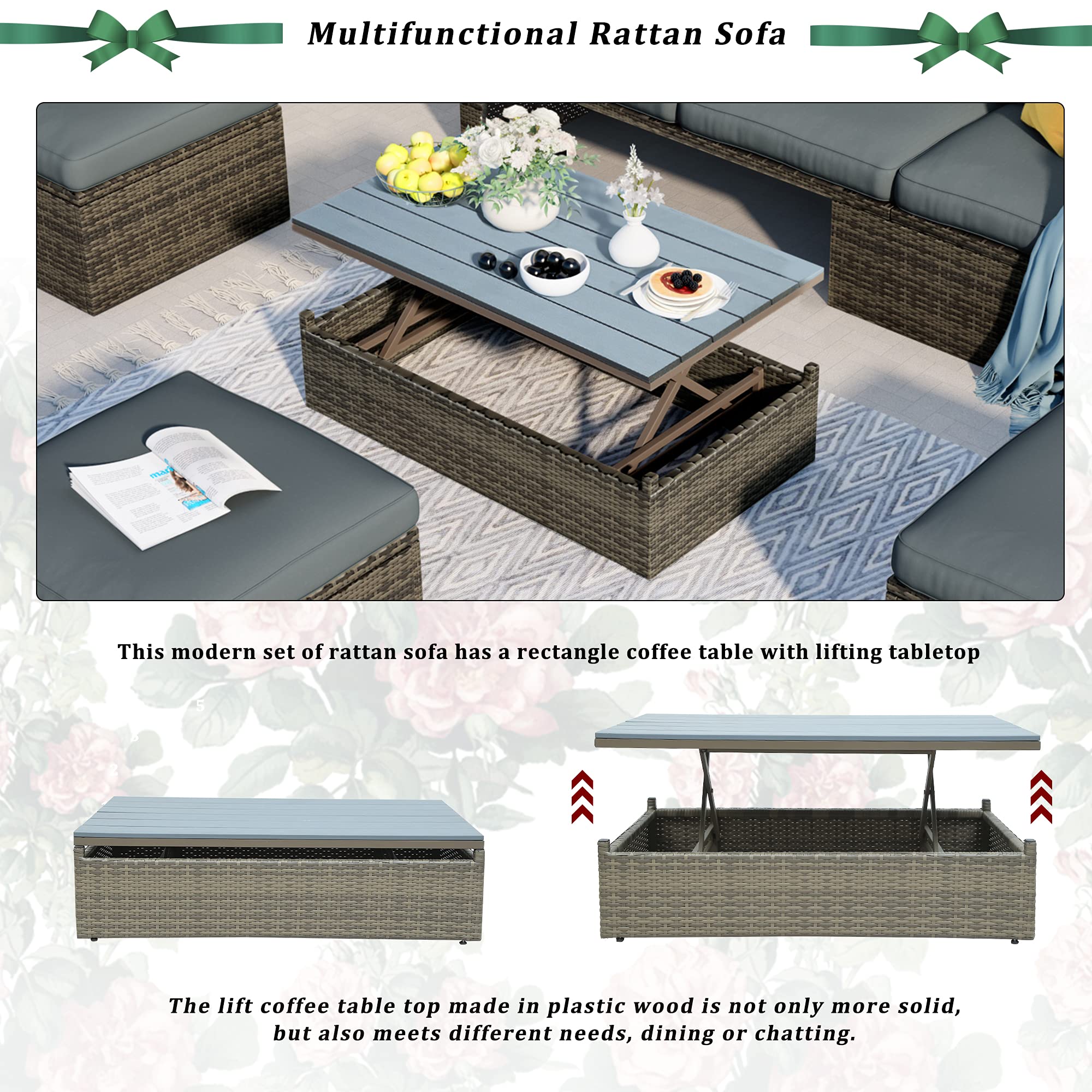 5-Piece Outdoor Patio Furniture Set - Wicker Sofa with Adjustable Backrest, Cushions, Ottomans & Lift-Top Coffee Table - Perfect for Garden, Poolside, Backyard, Balcony (Grey) - Ideal for Relaxing, Entertaining & Outdoor Lounging