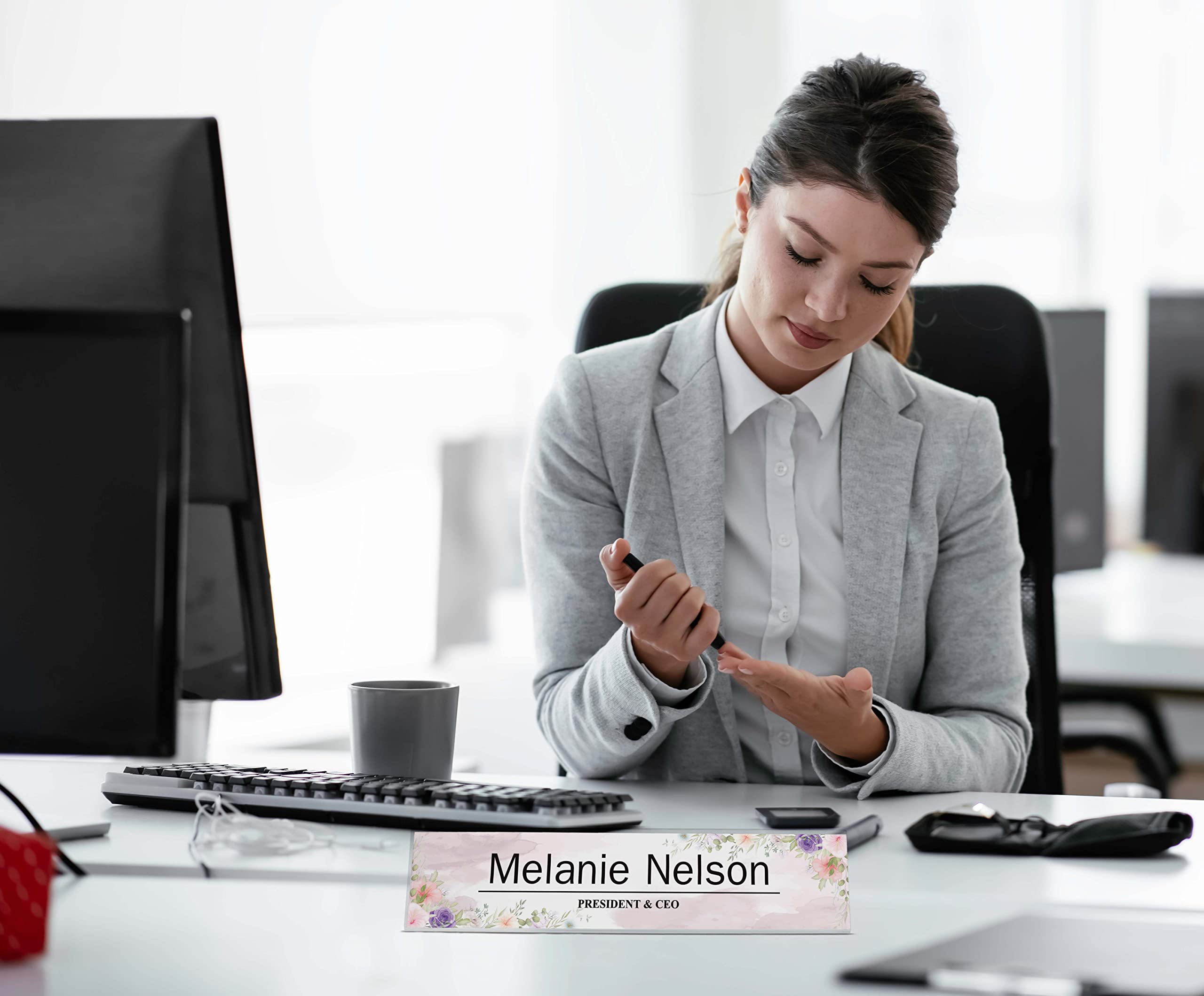 Custom Acrylic Desk Name Plate with Watercolor Flowers - Personalized Office Name Sign (2x8 Inches) - Perfect for Workstations, Reception Desks & Home Offices