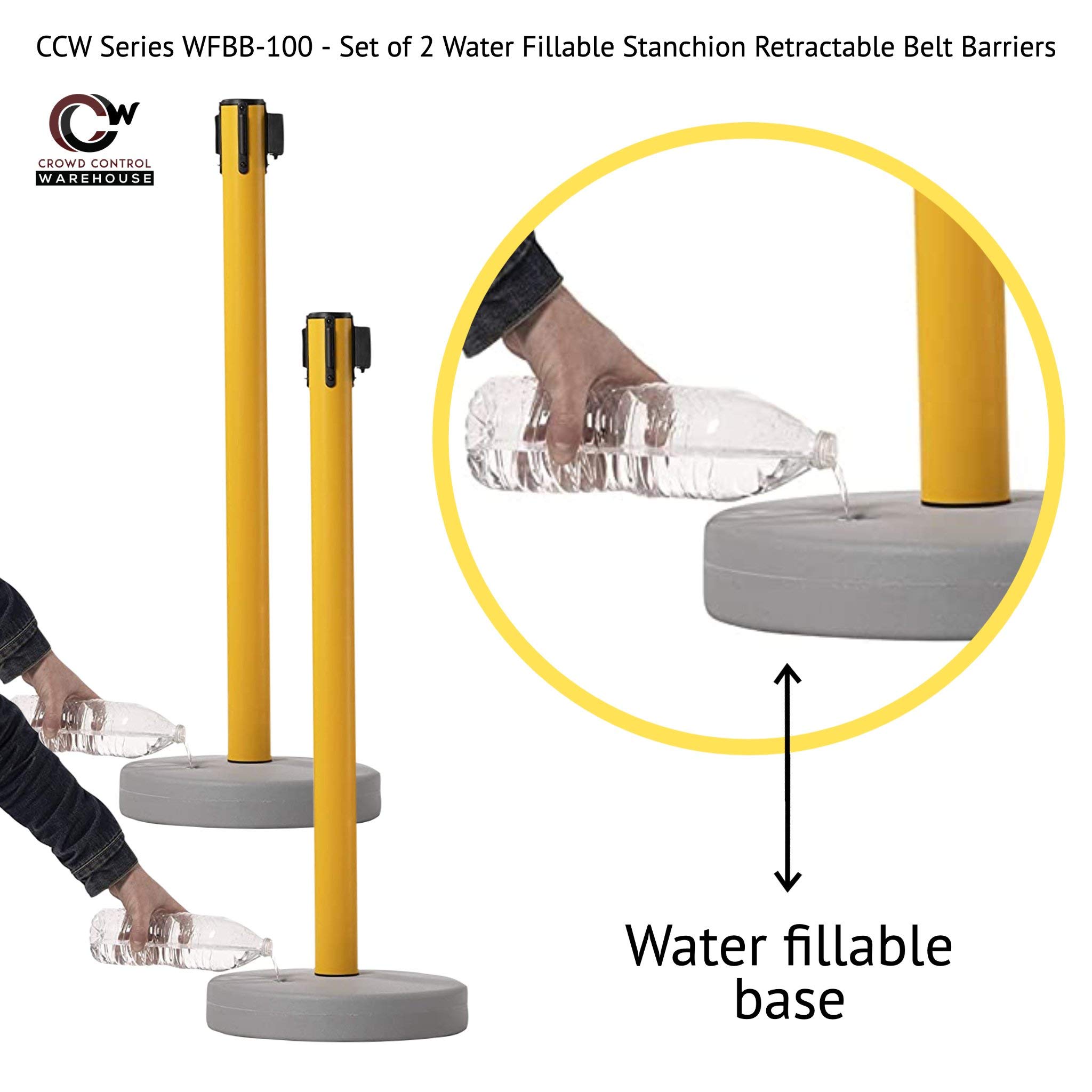 CCW Set of 2 Retractable Belt Barrier Stanchions with Water Fillable Base - 11 Foot Black/Yellow Belt & Yellow PVC Plastic Posts for Crowd Control in Warehouses, Events & Retail Stores