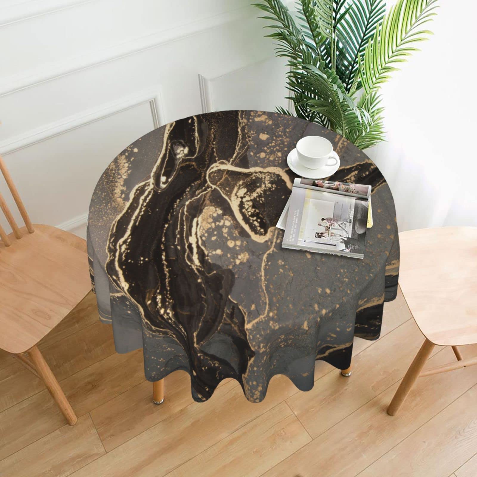 **60 Inch Round Black Gold Marble Tablecloth - Waterproof Polyester, Anti-Slip, Modern Gold Foil Design for Kitchen & Dining Table Decor - Perfect for Parties, Weddings & Home Decor**