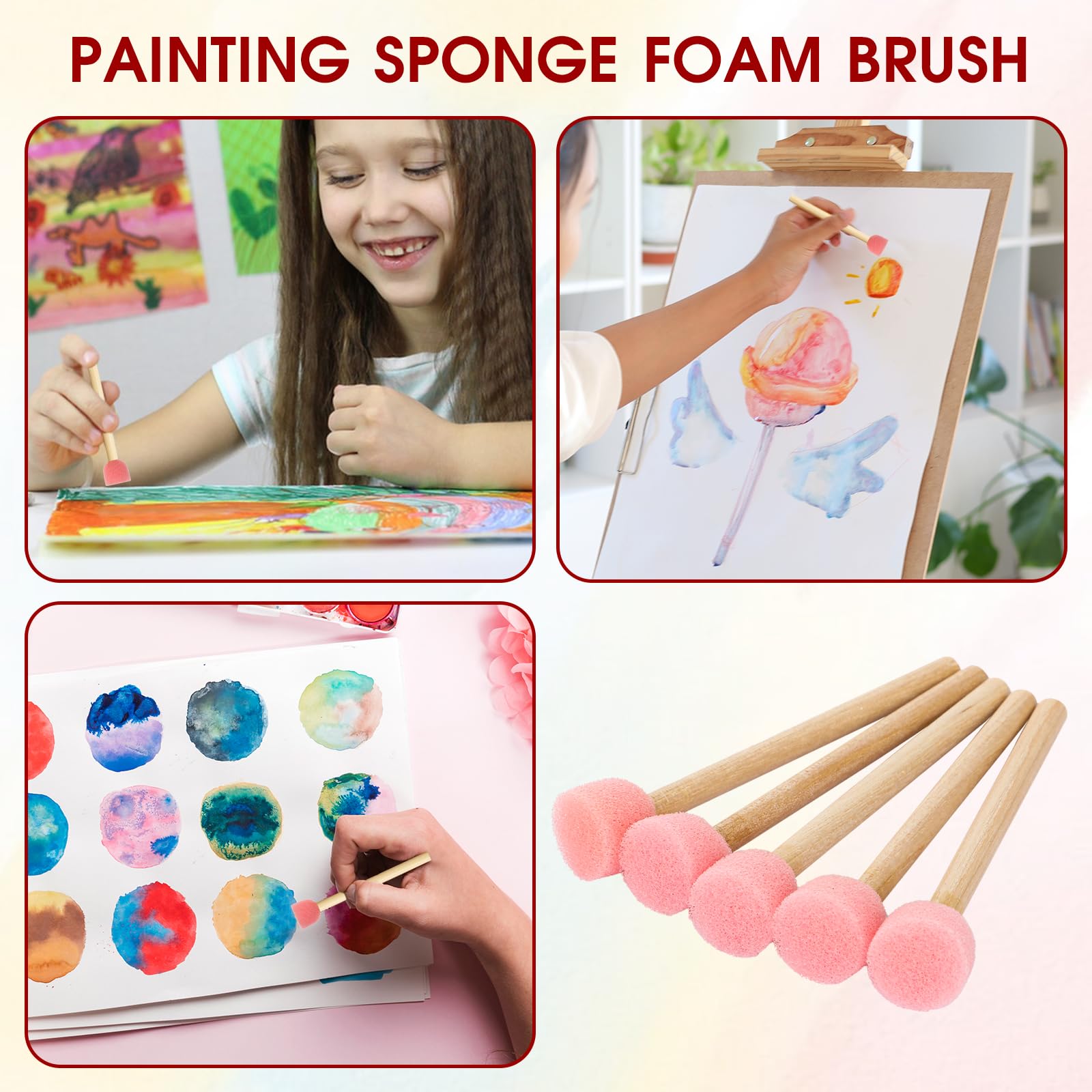 40 Pack 0.6 Inch Round Sponge Paint Brushes with Wooden Handle - Acrylic Foam Brushes for DIY Arts & Crafts, Painting Stamps, Wall Art, Canvas Projects - Perfect for Kids & Adults (Pink)