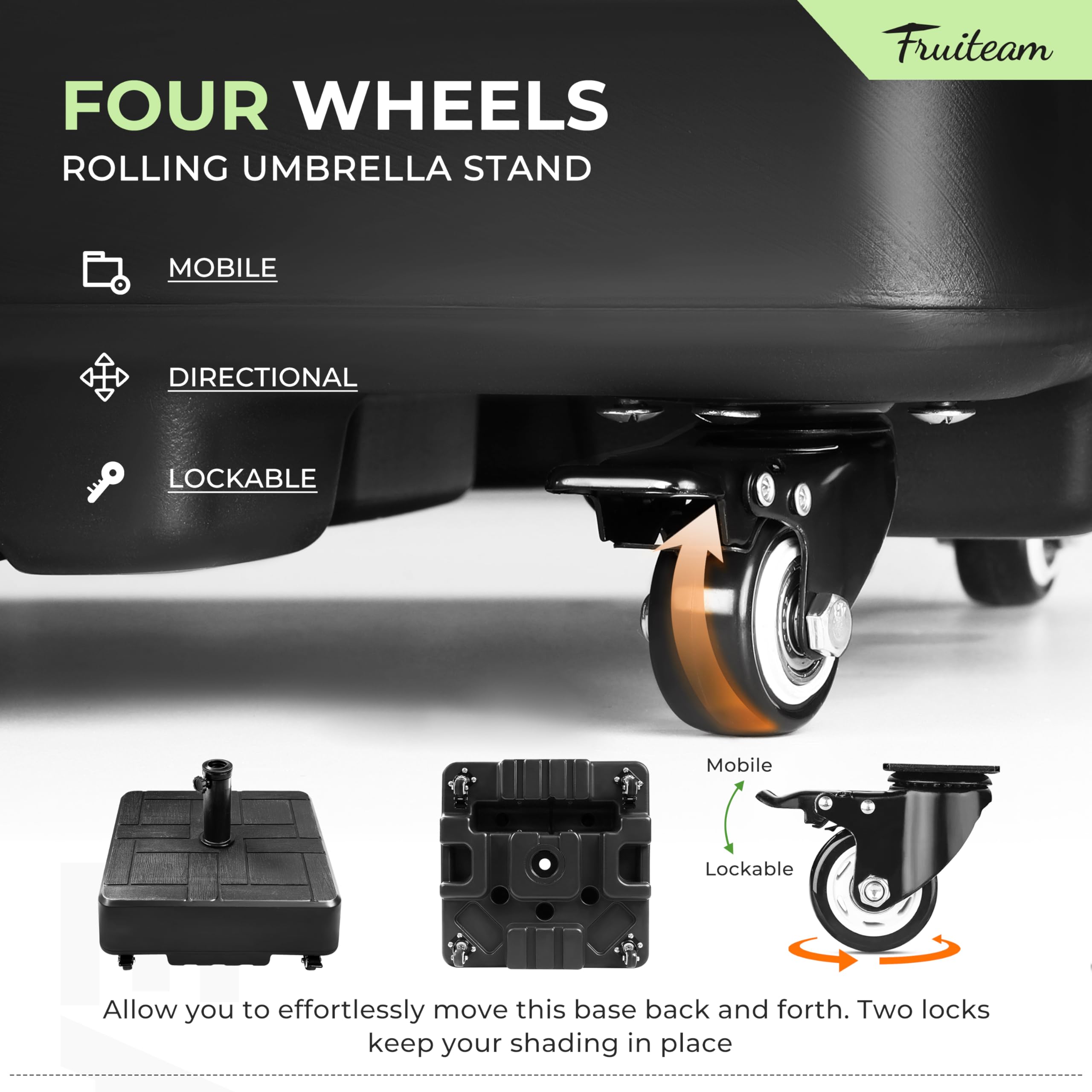 FRUITEAM 155lb Heavy Duty Fillable Portable Umbrella Base with 4 Wheels - Wind-Resistant Square Market Stand for Patio, Deck & Outdoor Use - Includes 2 Locks & 1 Knob - Perfect for Commercial Events, Backyard BBQs and Beach Parties