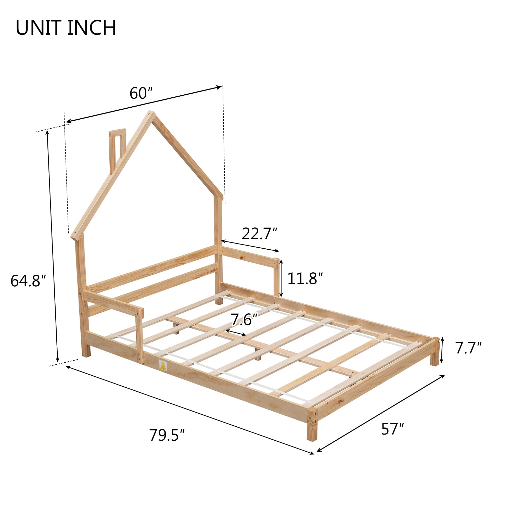 Full Size House-Shaped Kids Bed Frame with Handrails - Low Platform Bed for Boys & Girls, No Box Spring Needed (Natural) - Perfect for Bedrooms, Playrooms & Sleepovers